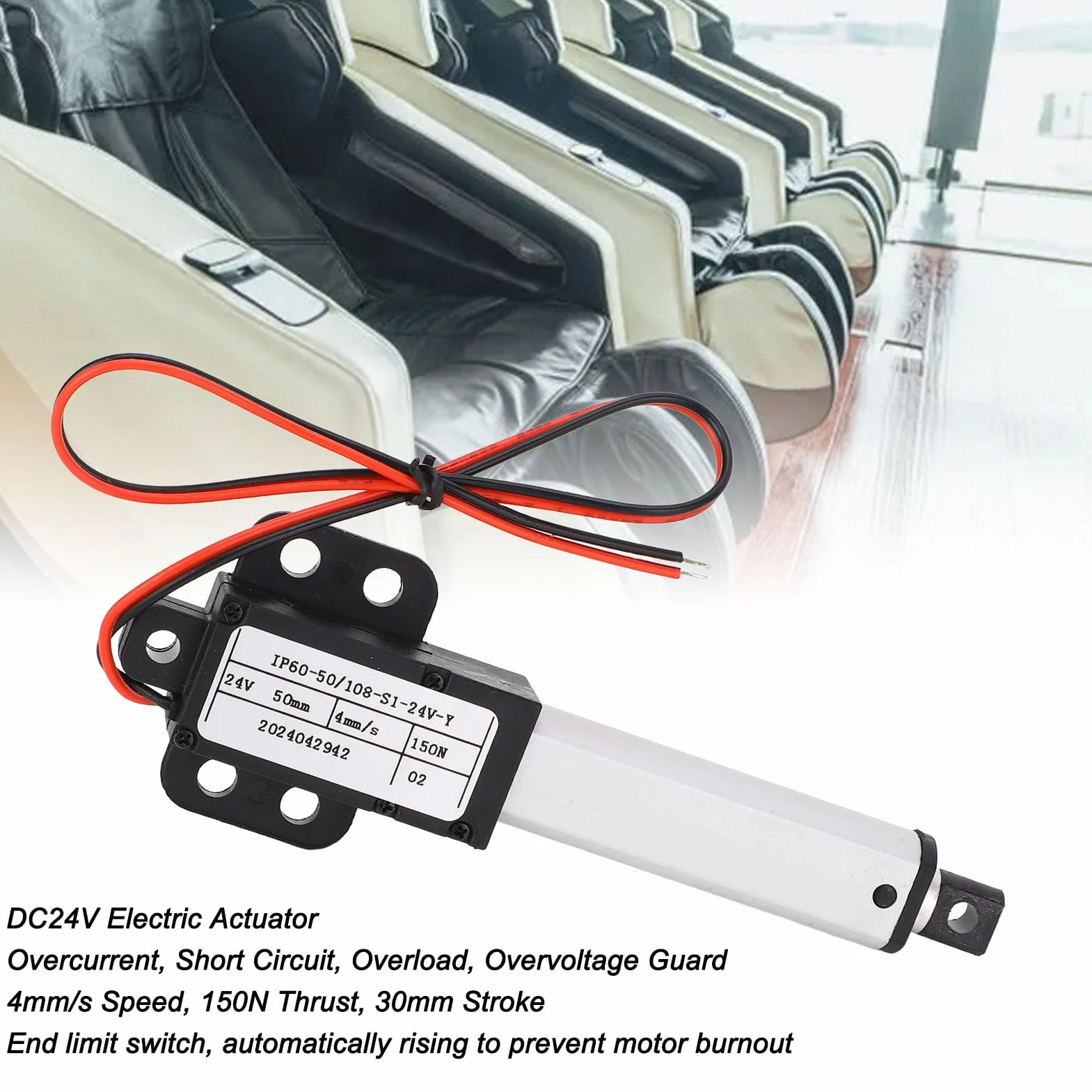 Elektryczny Siłownik Liniowy DC 24 V, Siłownik Liniowy prędkość Silnika 4 Mm/s 150N IPX4 50 Mm Skoku do Elektrycznych Drzwi Maszyn Przemysłowych