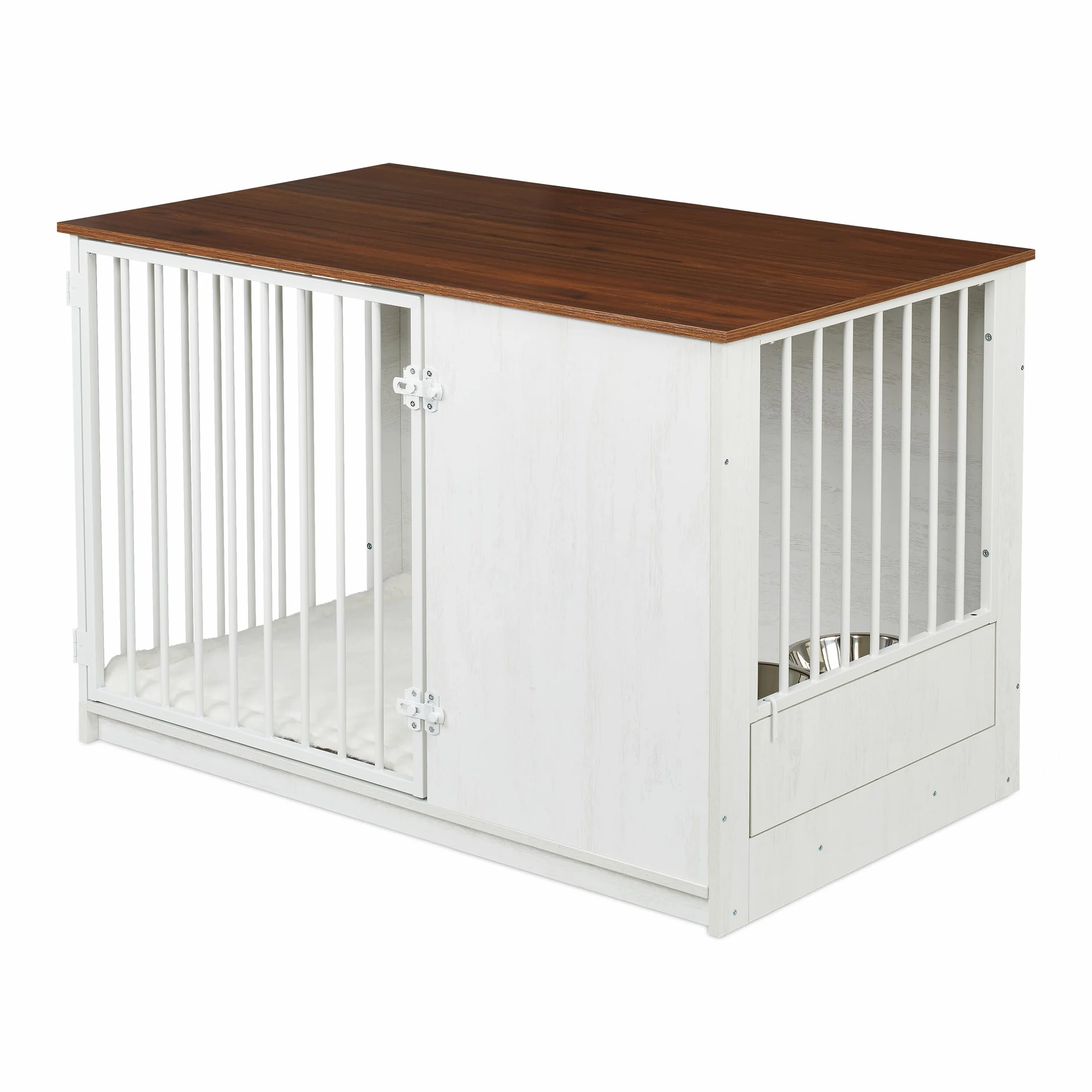 Relaxdays Klatka dla psa, do domu, (wys. x szer. x gł.): 65,5 x 102 x 60 cm, meble dla psa, 2 obrotowe miski, pudełko dla psa, MDF i stal, biały/brązowy