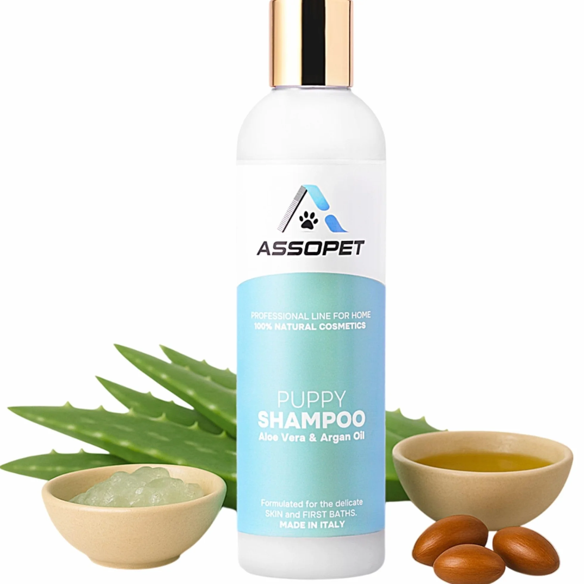 Szampon dla Szczeniąt 250ml – ASSOPET – Ultra-Delikatny Szampon dla Psów z Bio Olejem Arganowym i Bio Aloesem – Bezpieczny, 100% Naturalny, Bez Parabenów i Silikonów – Made in Italy