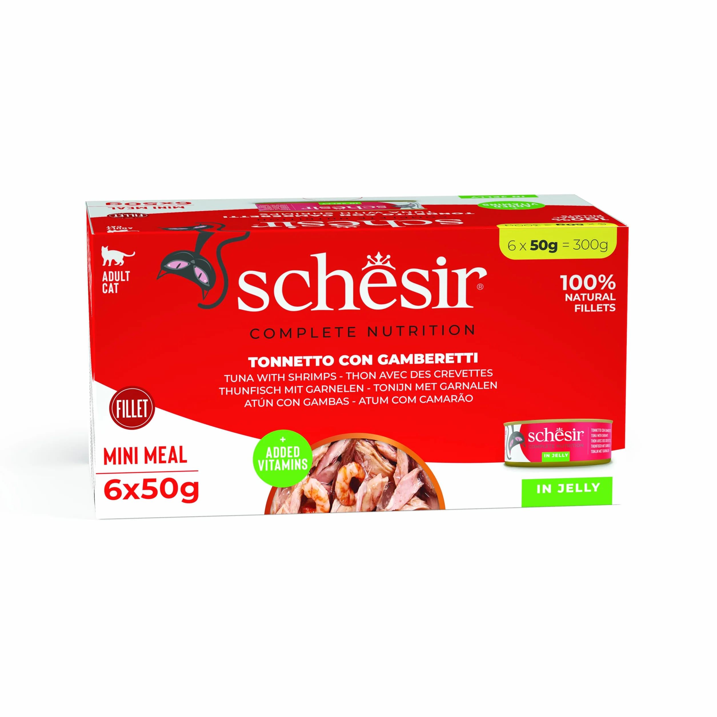 Schesir - Ocean mokra karma dla dorosłych kotów o smaku tuńczyka z krewetkami, 300 g (6 puszek po 50 g)
