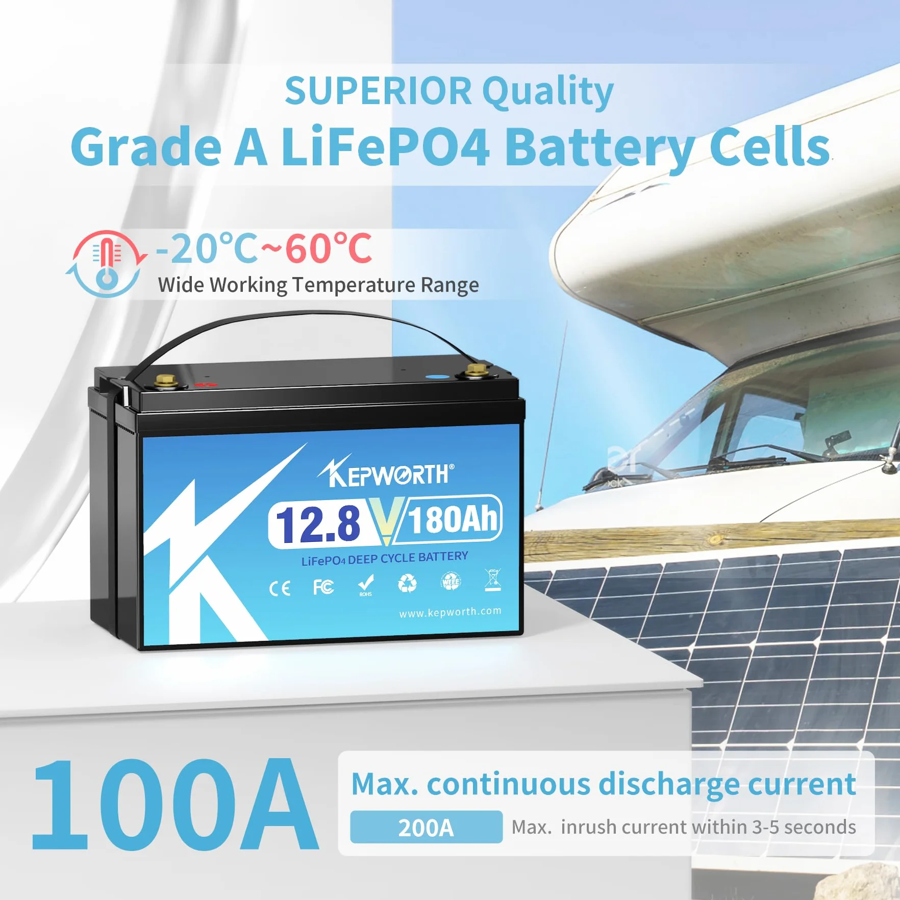 KEPWORTH Bateria litowa 12 V 180 Ah Bateria Lifepo4, Do 15000 cykli i 10 lat życia, 100 A BMS, Baterie słoneczne do przyczep kempingowych Zasilanie awaryjne Zastosowanie na zewnątrz silnika łodzi