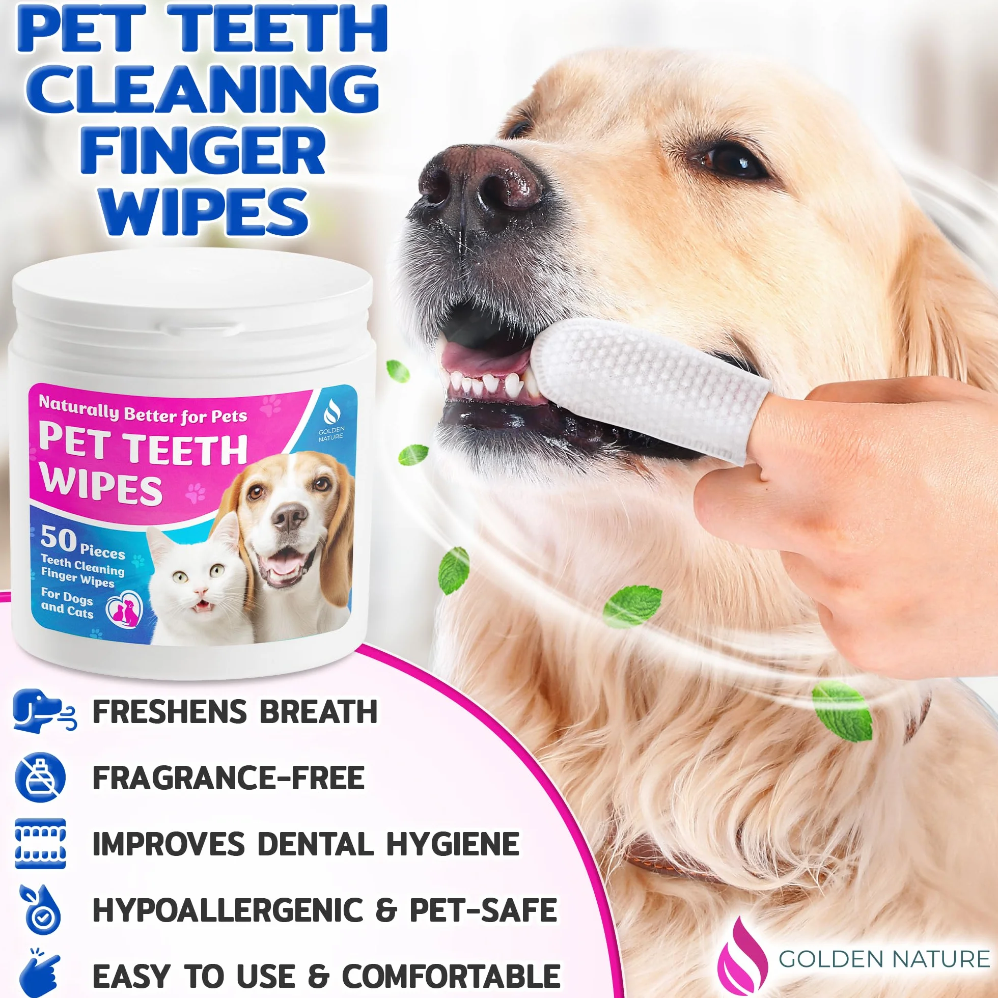 Teeth Cleaning Wipes for Dogs and Cats - 100 Pcs - Pet Dental Care Finger Pads/Mouth Wipes for Fresh Breath, Plaque and Tartar Removal