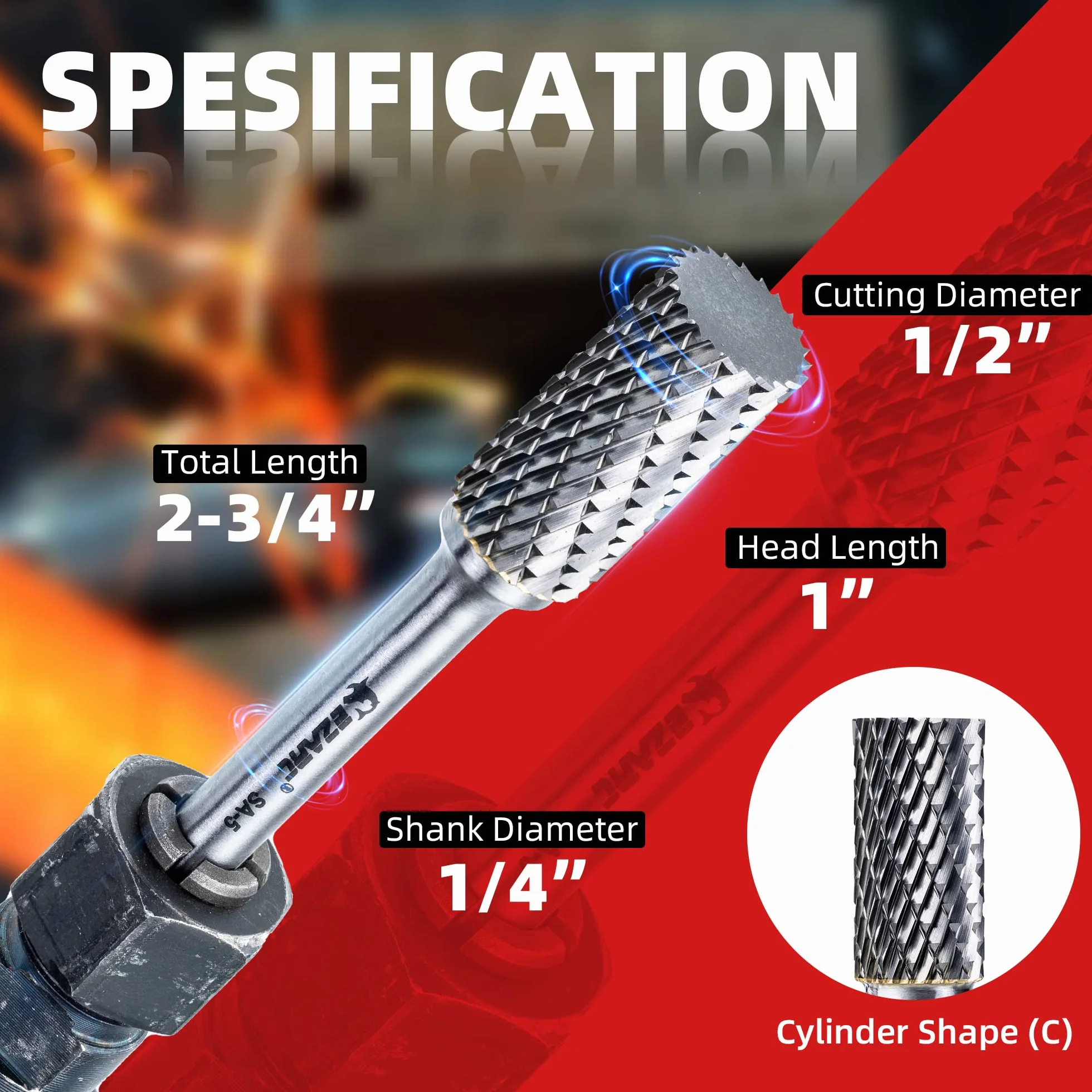 EZARC SA-5 Wiertło z węglika wolframu z trzpieniem 1/10.2 cm, podwójne cięcie, obrotowy pilnik, cylinder, wiertła do szlifowania i grawerowania stali, szlifowania i grawerowania