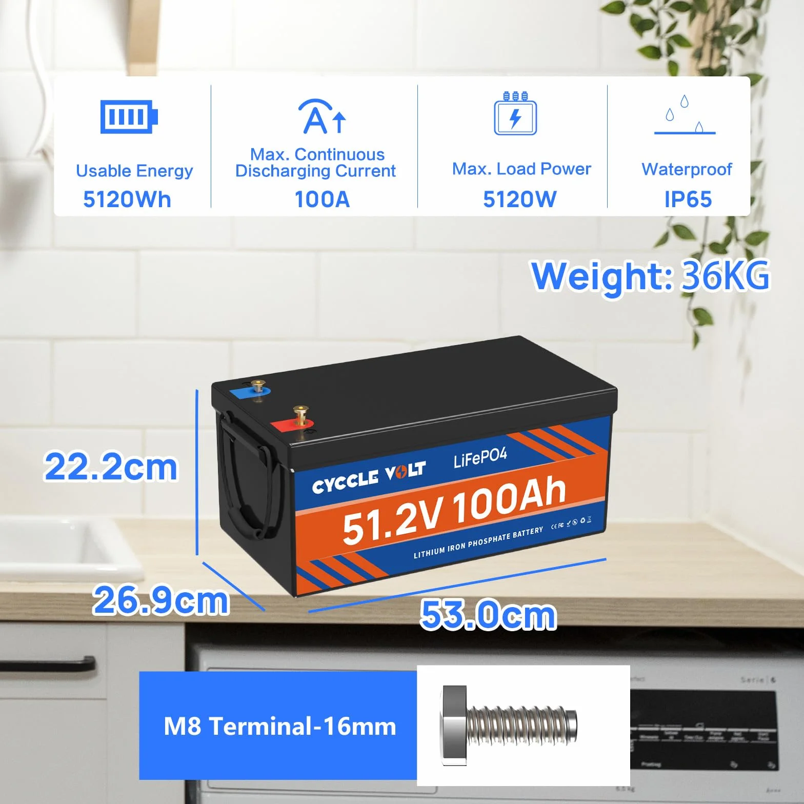 Akumulator LiFePO4 48V 100Ah, CYCCLEVOLT 100A BMS i ogniwa klasy A Akumulator litowy LiFePO4, 15000 cykli i pojemność 5120 Wh, żywotność 10 lat Idealny do systemów solarnych, domów mobilnych, łodzi