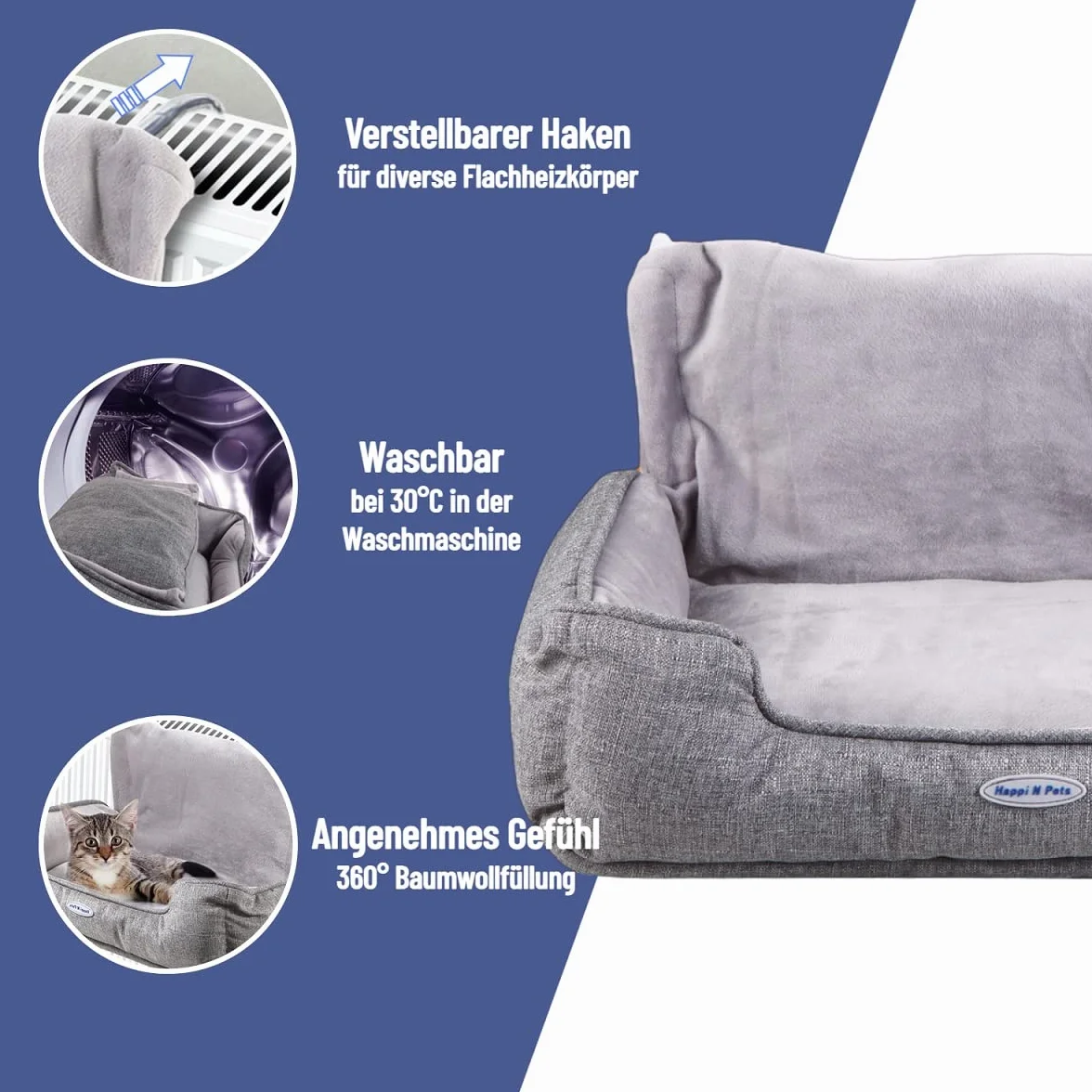 Happi N Pets Duże legowisko grzejnikowe dla dużych kotów, przestronna okonia dla kota na grzejniki, przytulna leżanka grzewcza z regulowanym haczykiem na różne grzejniki, nadająca się do prania osłona