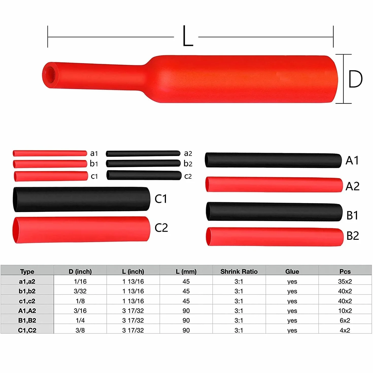 KabelDirekt – Zestaw termokurczliwych rur z 270 częściami – rurki termokurczliwe o stosunku kurczenia 3:1 z klejem, 5 rozmiarów o średnicy 2,4-9,5mm, długość 45/90mm, do wodoodpornej izolacji kabli