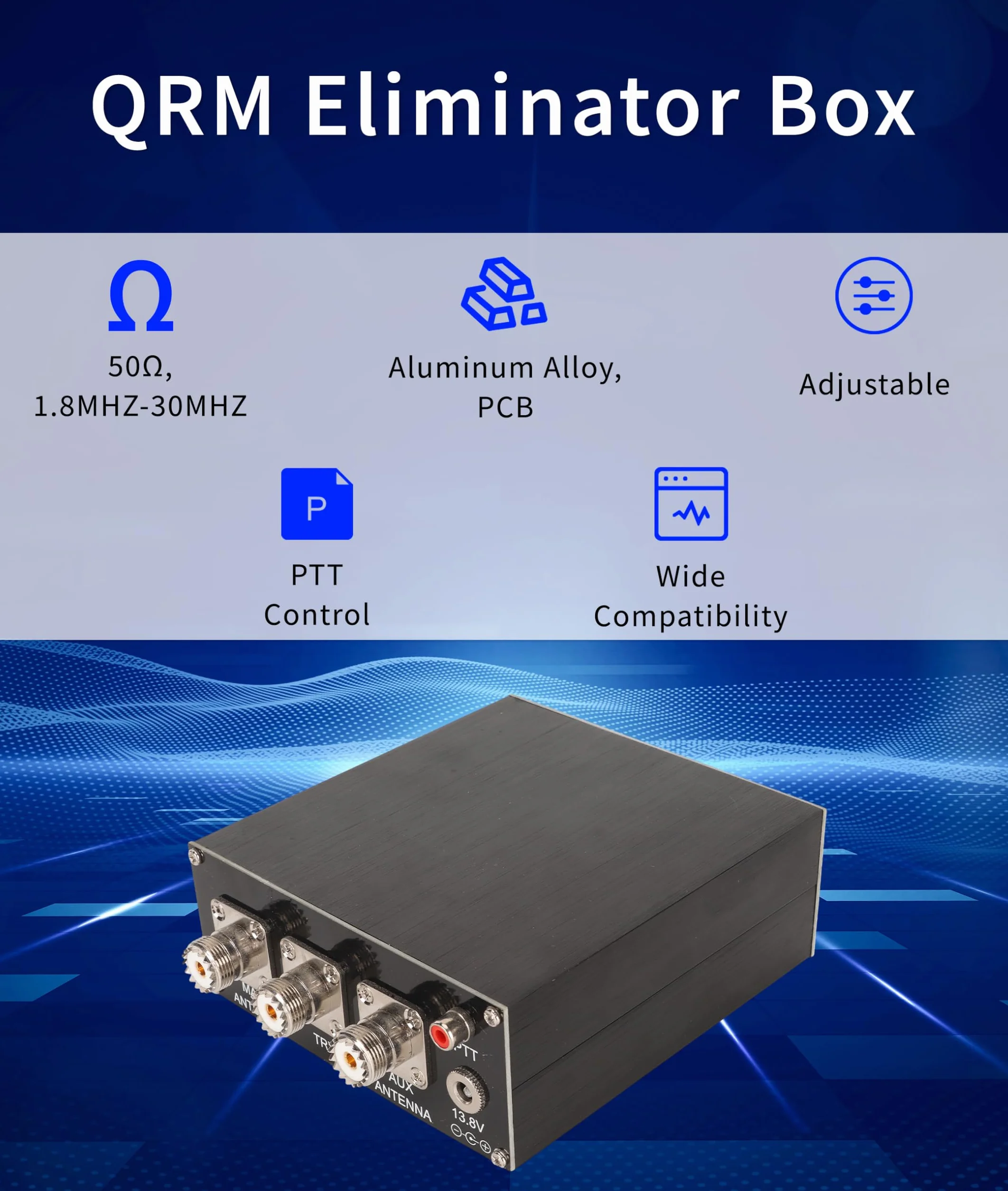 Eliminator QRM, 1,8 MHz–30 MHz, Regulowane Sterowanie Fazowe X Tłumik Sygnału ze Stopu Aluminium, DC 13,8 V, 150 MA Wbudowany Eliminator Sygnału Sterującego PTT z tarczą i