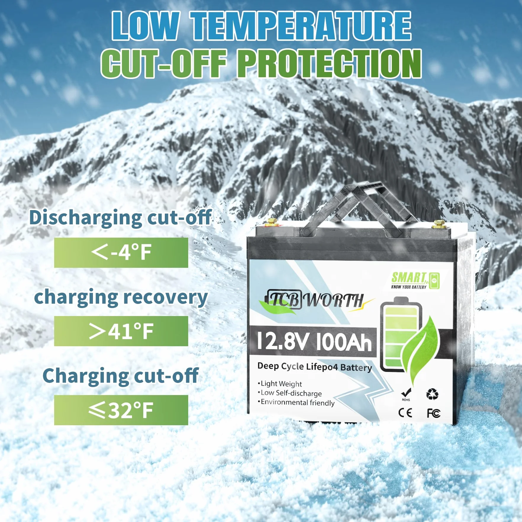TCBWORTH LiFePO4 12 V 100 Ah Bluetooth baterie litowe 100 A BMS, niska temperatura i 4000+ głęboki cykl, 1280 Wh do kampera, łodzi, domu, zestawu paneli słonecznych, kempingu