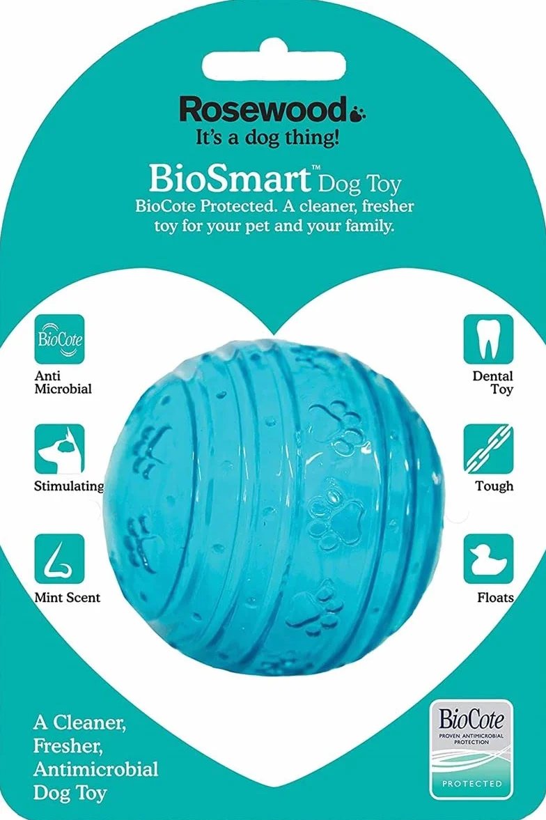Rosewood BioSafe Blue Ball zabawka dla psa – higieniczna i pływająca zabawka do żucia, pachnąca miętą, powłoka BioCote zabija 99,99% zarazków, wspomaga zdrowie zębów, idealna dla wszystkich ras psów