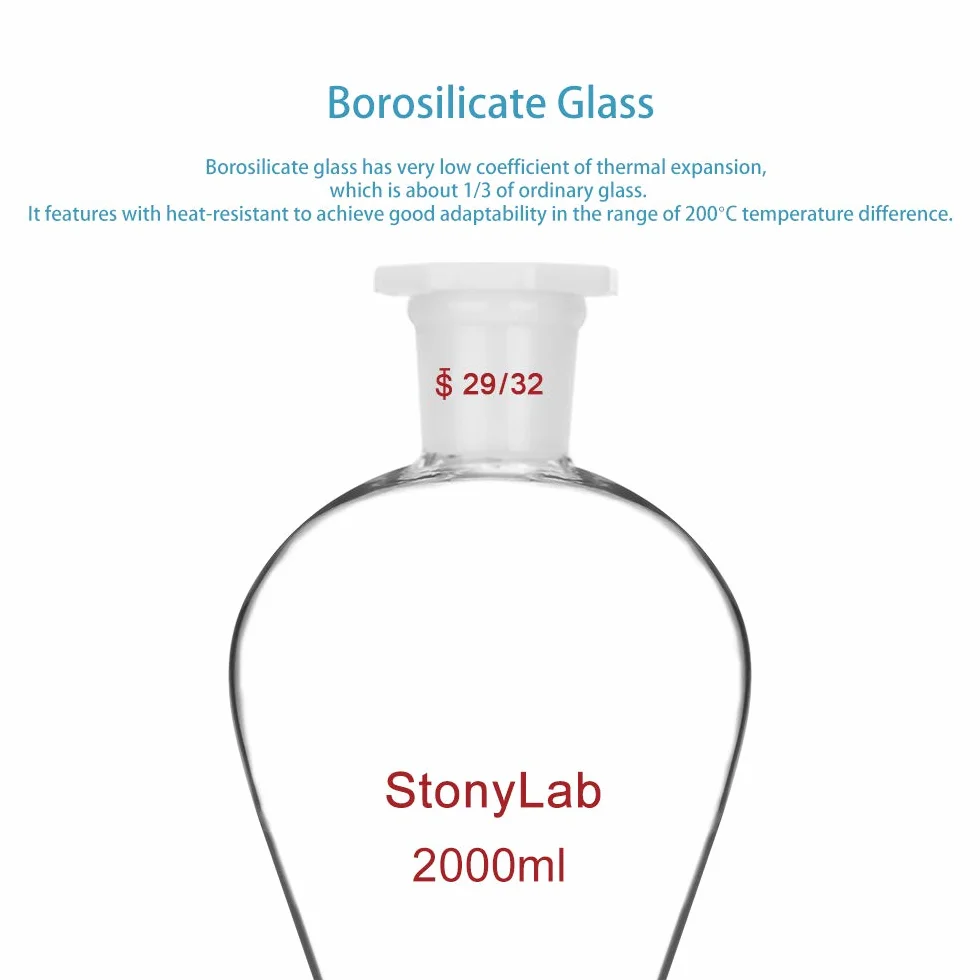 StonyLab Szkło borokrzemowe 2000 ml ciężki lejek separacyjny ze stożkiem 29/32 przegubami i korek PTFE, 2 l (2 litry)