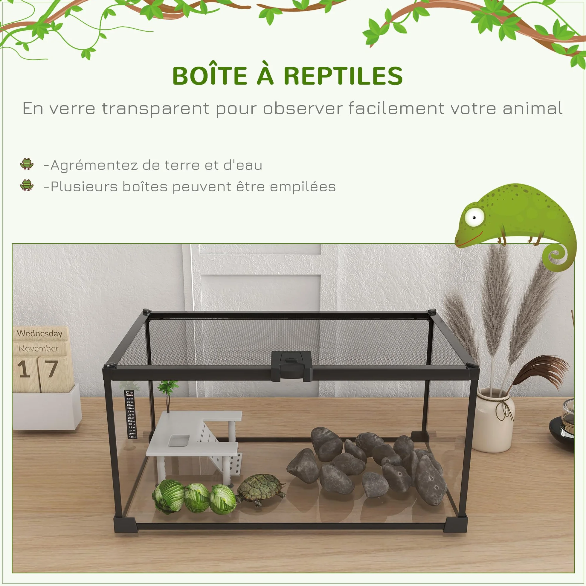 PawHut Pojemnik na gady Akwarium Żółwie Terrarium Siedlisko Przesuwne Siatka metalowa termometr, platforma z rampą, ozdobne palmy kokosowe i karmnik w zestawie szkło metalowe