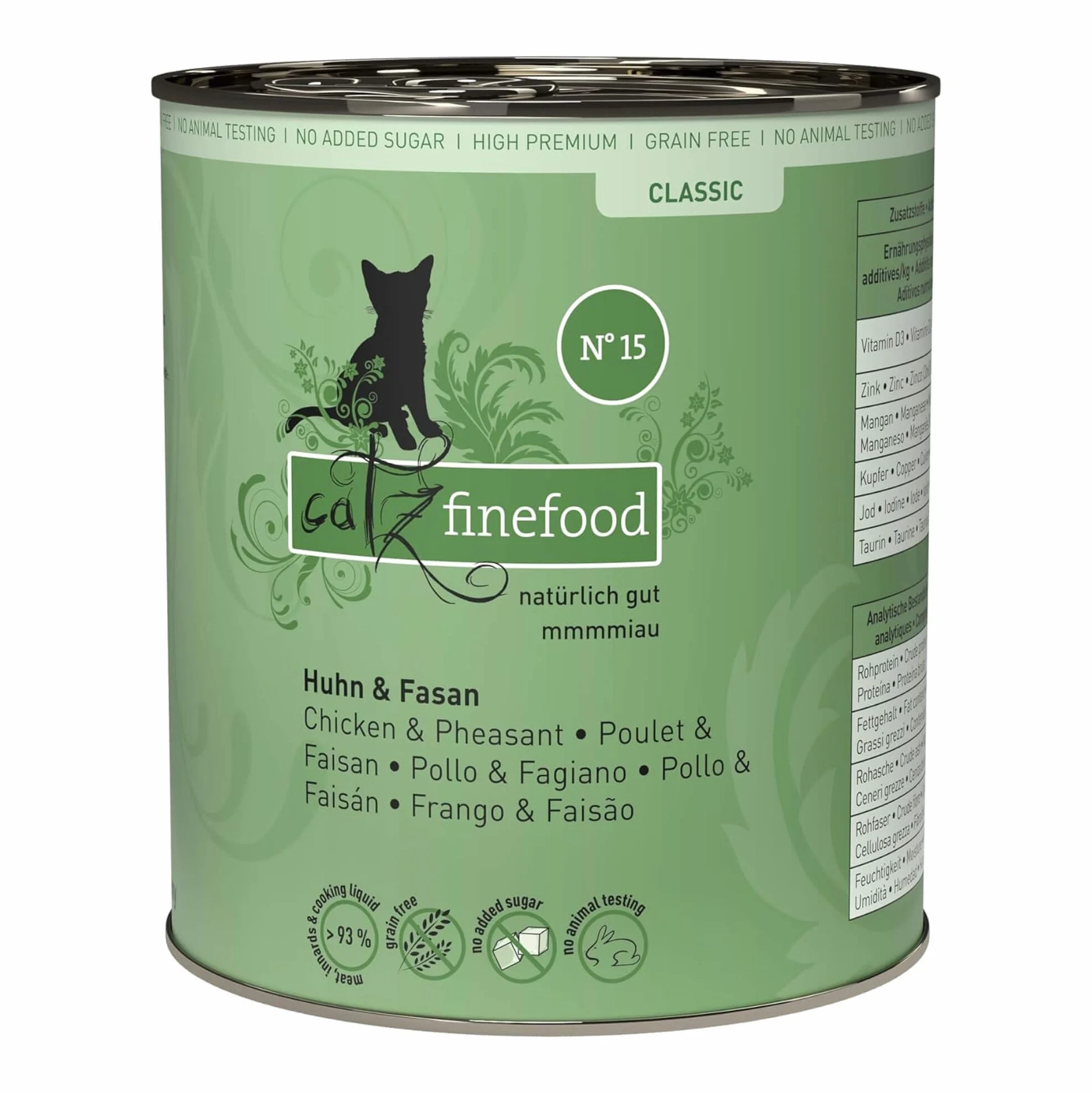 catz finefood Classic N° 15 mokra karma dla kurczaków i bażantów - Gourmet mokra karma dla Twojego kota bez cukru i zbóż, bezglutenowa – z dużą zawartością mięsa, Made in Germany (6 x 800 g puszek)