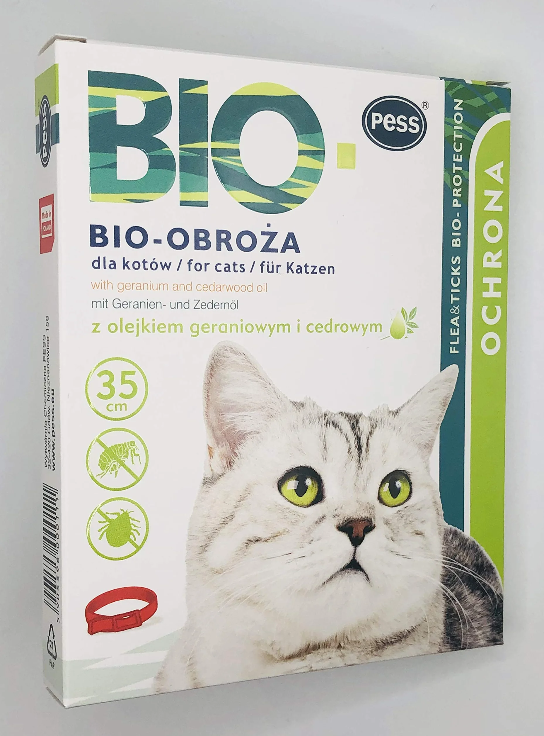 PESS Bio Obroża przeciw kleszczom i pchłom dla kotów z naturalnymi olejkami z pelargonii i cedry, 35 cm