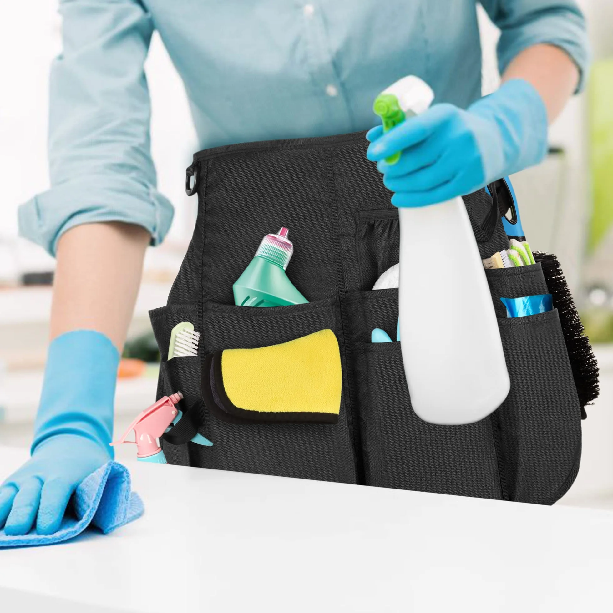 LoDrid Profesjonalny fartuch do czyszczenia, wodoodporny fartuch Speed Cleaning Caddy z 9 kieszeniami i regulowanym paskiem z klamrą, do sprzątania w hotelu domowym, czarny, Middle
