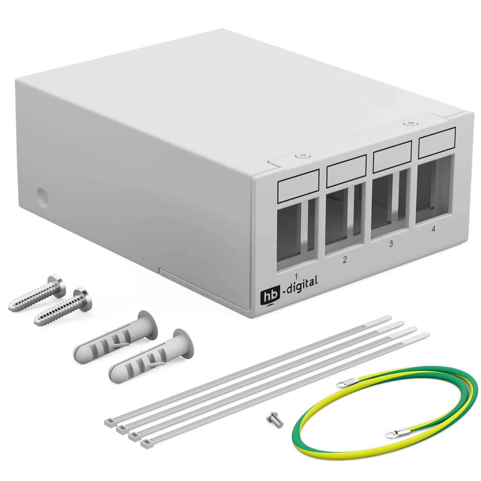 hb-digital 4-portowy panel krosowy obudowa do modułów Keystone z np. gniazdem RJ45 RJ11 Socket wtyczka antenowa złącze F USB-C USB-A BF/AF HDMI zacisk biegunowy gniazdo gwintowane BNZ - jasnoszary