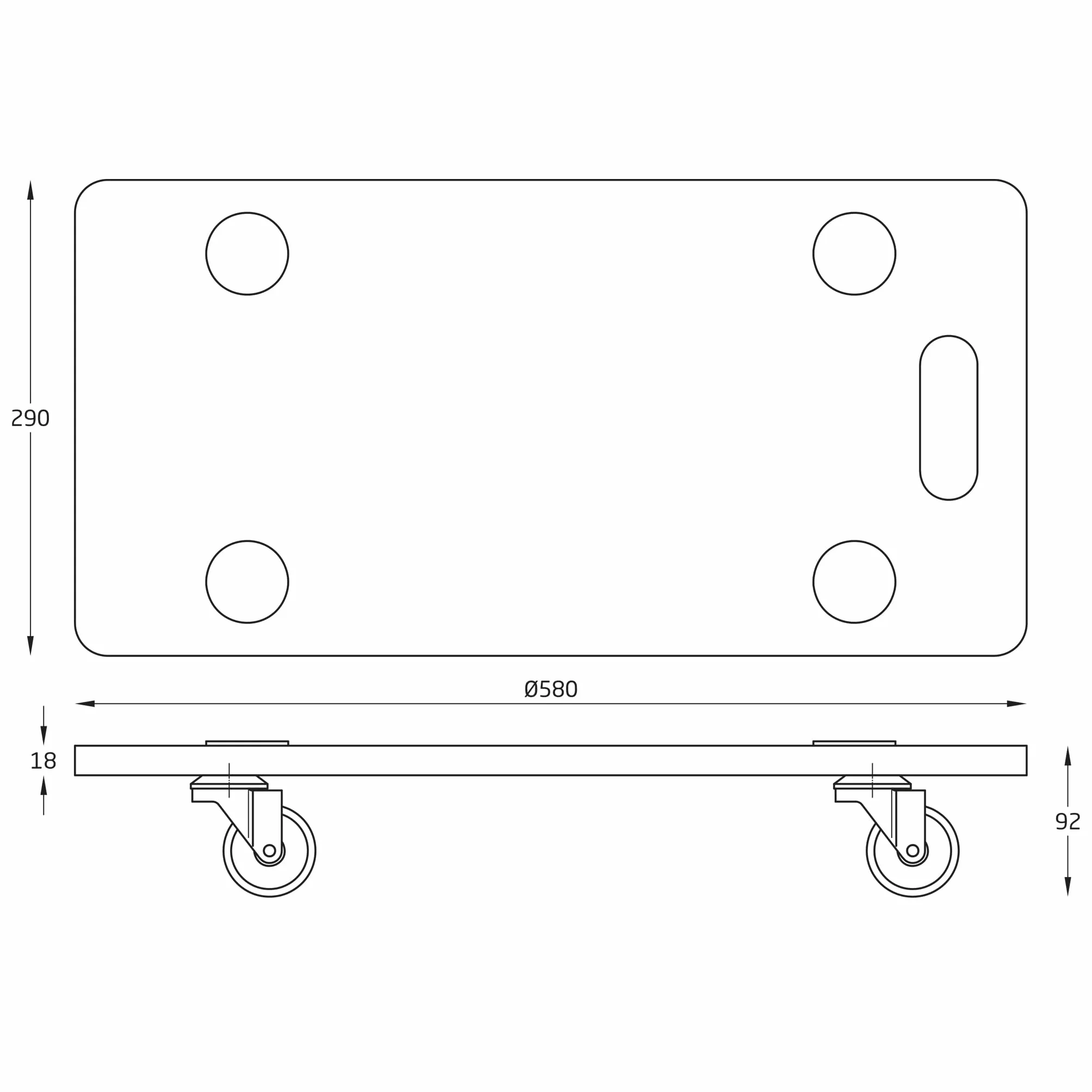 Amig - Platforma ładunkowa z kółkami | prostokątny wspornik obrotowy | 4 maty antypoślizgowe | 58 x 29 cm | maksymalne obciążenie 200 kg | 4 koła: 2 z hamulcem | MDF | certyfikat FSC | czarny