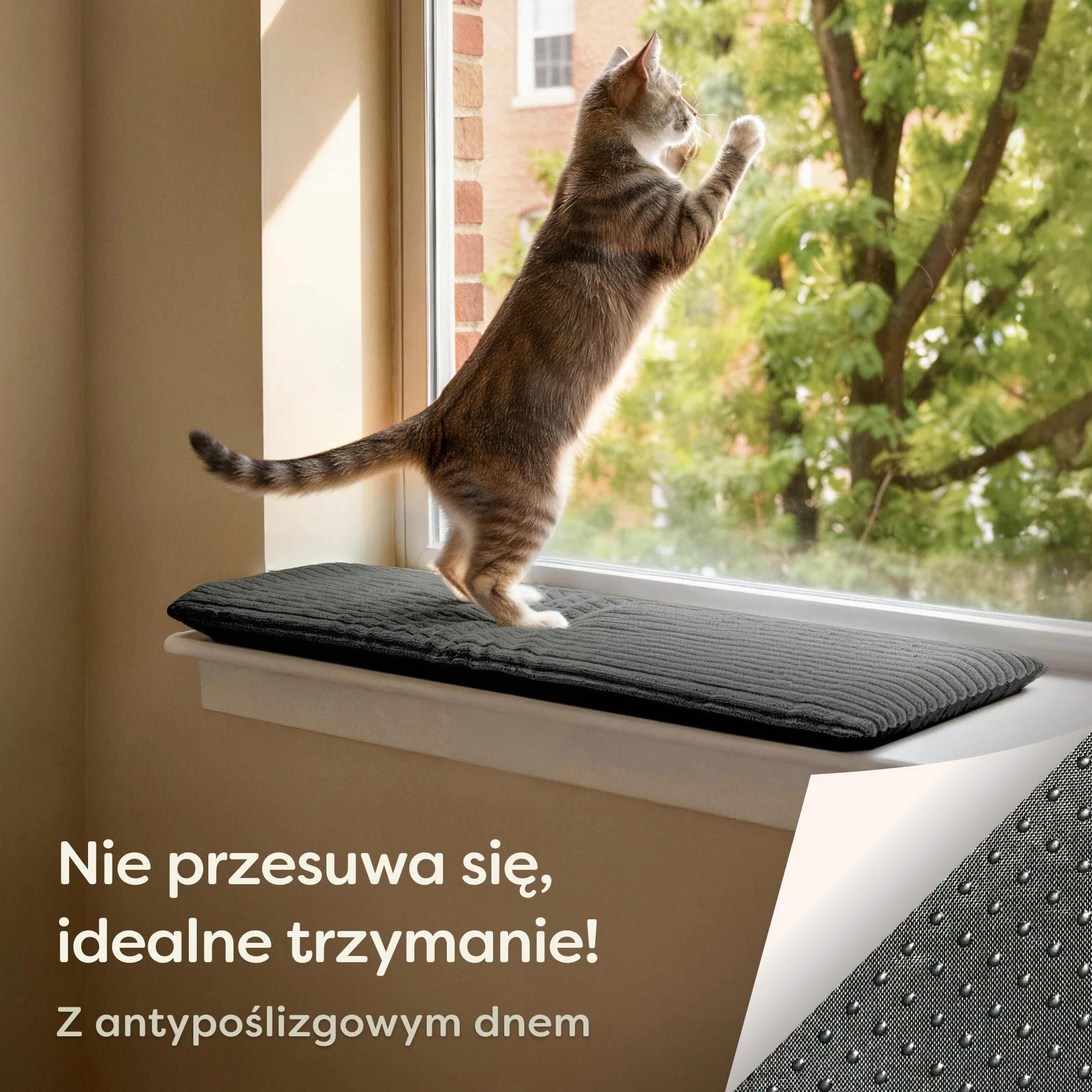 Knupis Legowisko dla Kota na Parapet 90 x 28 cm – Samonagrzewające bez prądu – Miękkie i Dźwiękochłonne – Zdejmowany, prany pokrowiec – Z antypoślizgowym spodem – Szare