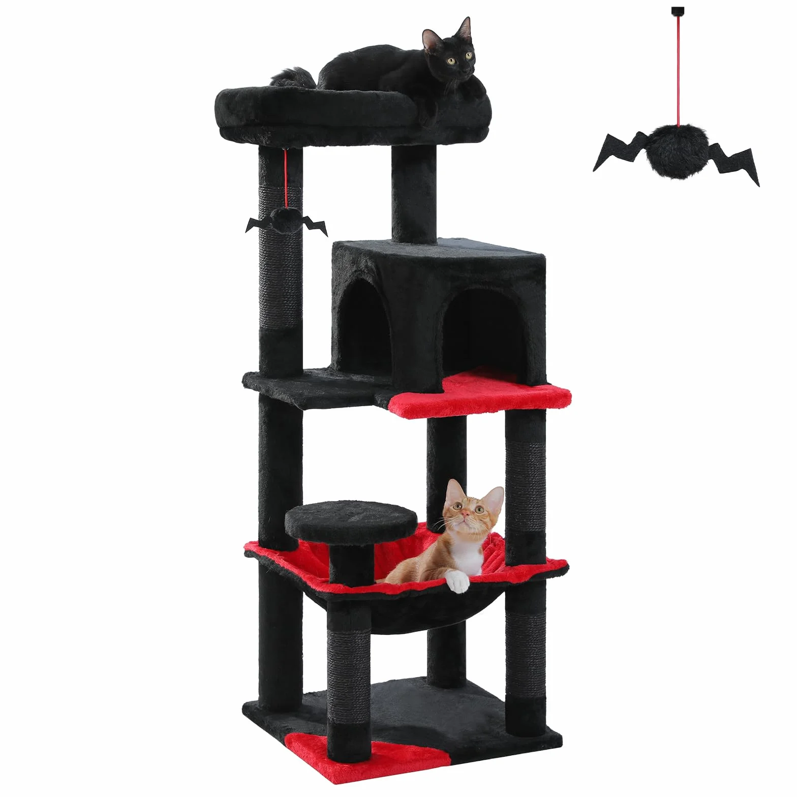 PAWZ Road Drapak 116 cm, stabilny, z grubą płytą podłogową, pluszowy hamak, 6 poziomów, sizalowy słupek do drapania, 2-drzwiowy domek dla kotów, czarny