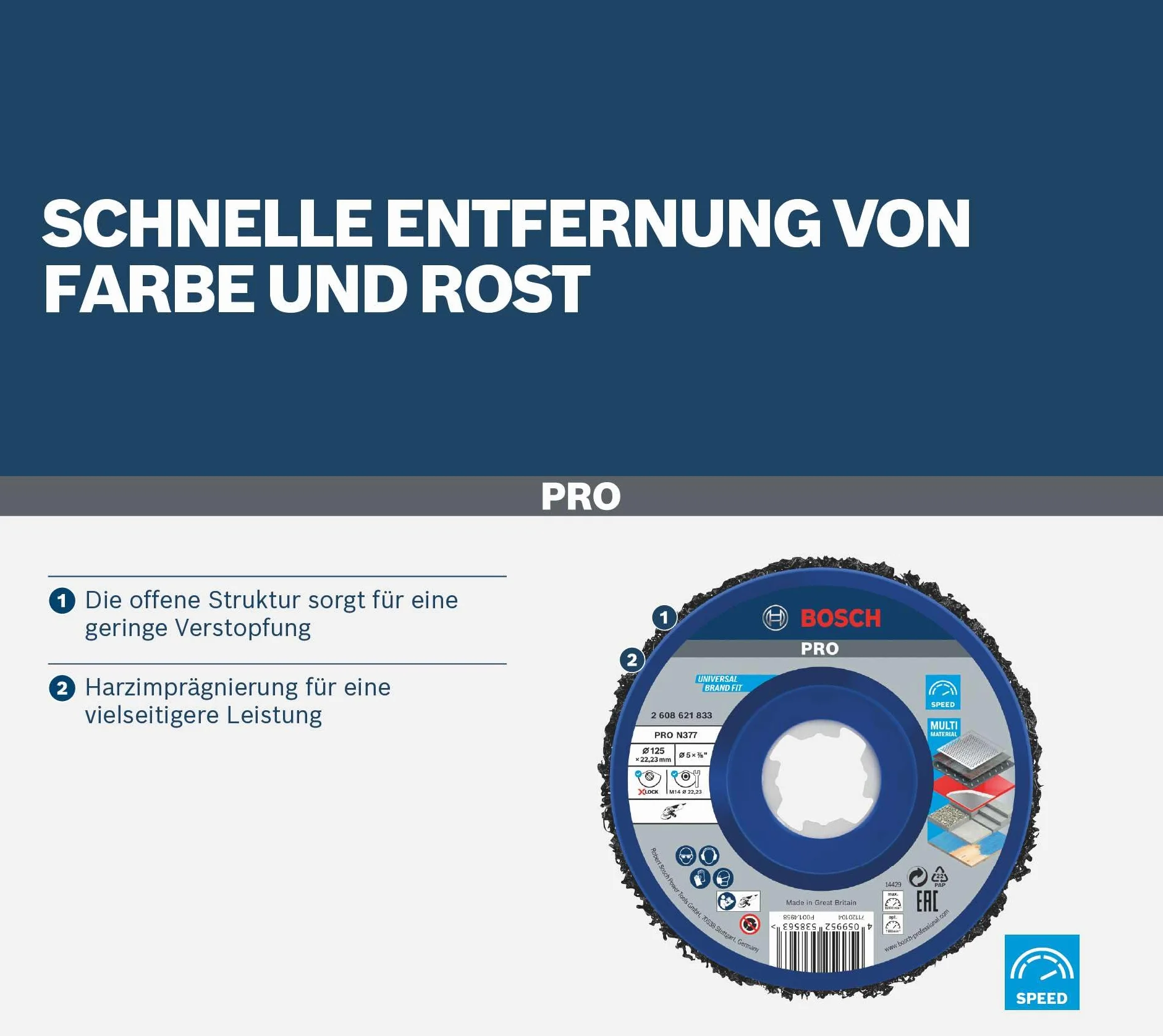 Bosch 1x Tarcza czyszcząca PRO Multi Material N377 i X-Lock (do Blachy stalowe, Stal, Ø 125 mm, Ziarnistość, Professional Akcesoria Mała szlifierka kątowa)