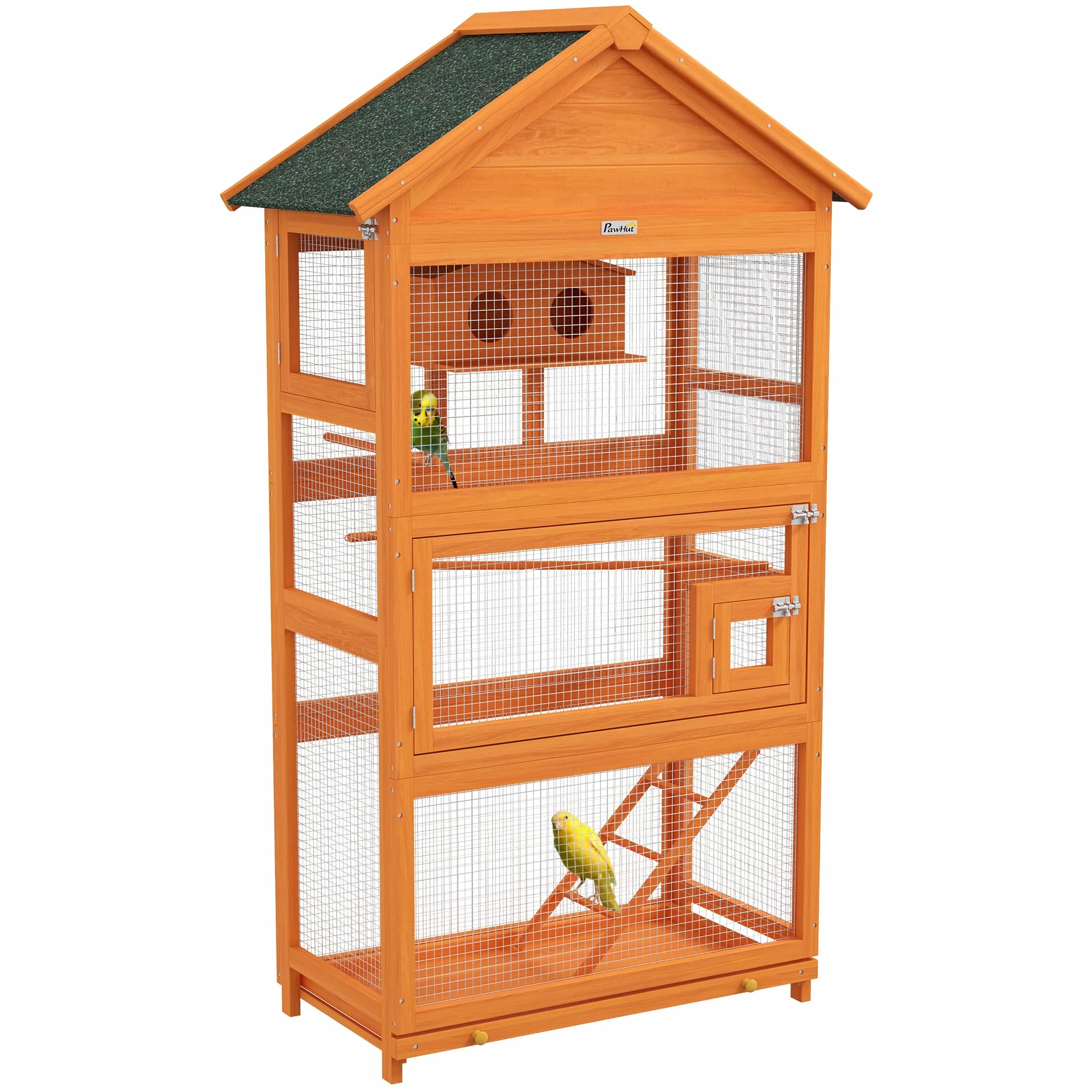 PawHut Drewniana klatka dla ptaków, klatka dla papug, plac zabaw, woliera dla ptaków zewnętrznych, wodoodporny dach asfaltowy, do peruk, kalopsitu, conure, kanarka, 92 x 52 x 171 cm, pomarańczowa