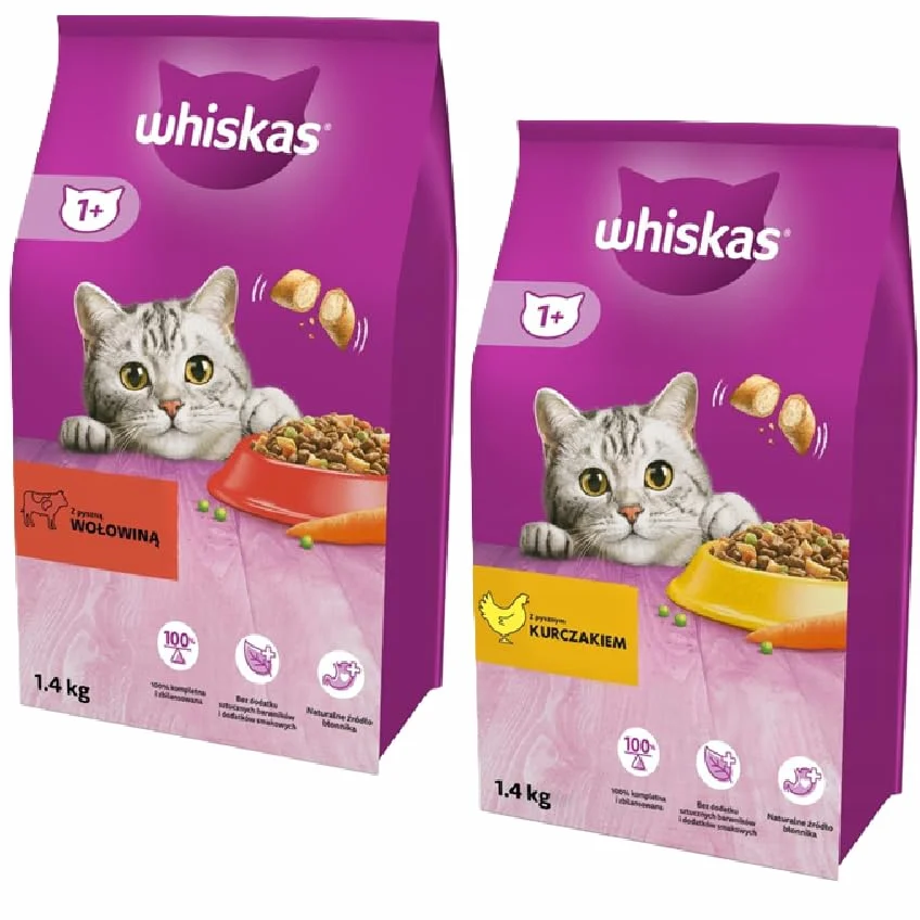 Whiskas sucha karma dla kota mix smaków z wołowiną i z kurczakiem 2x 1,4 kg