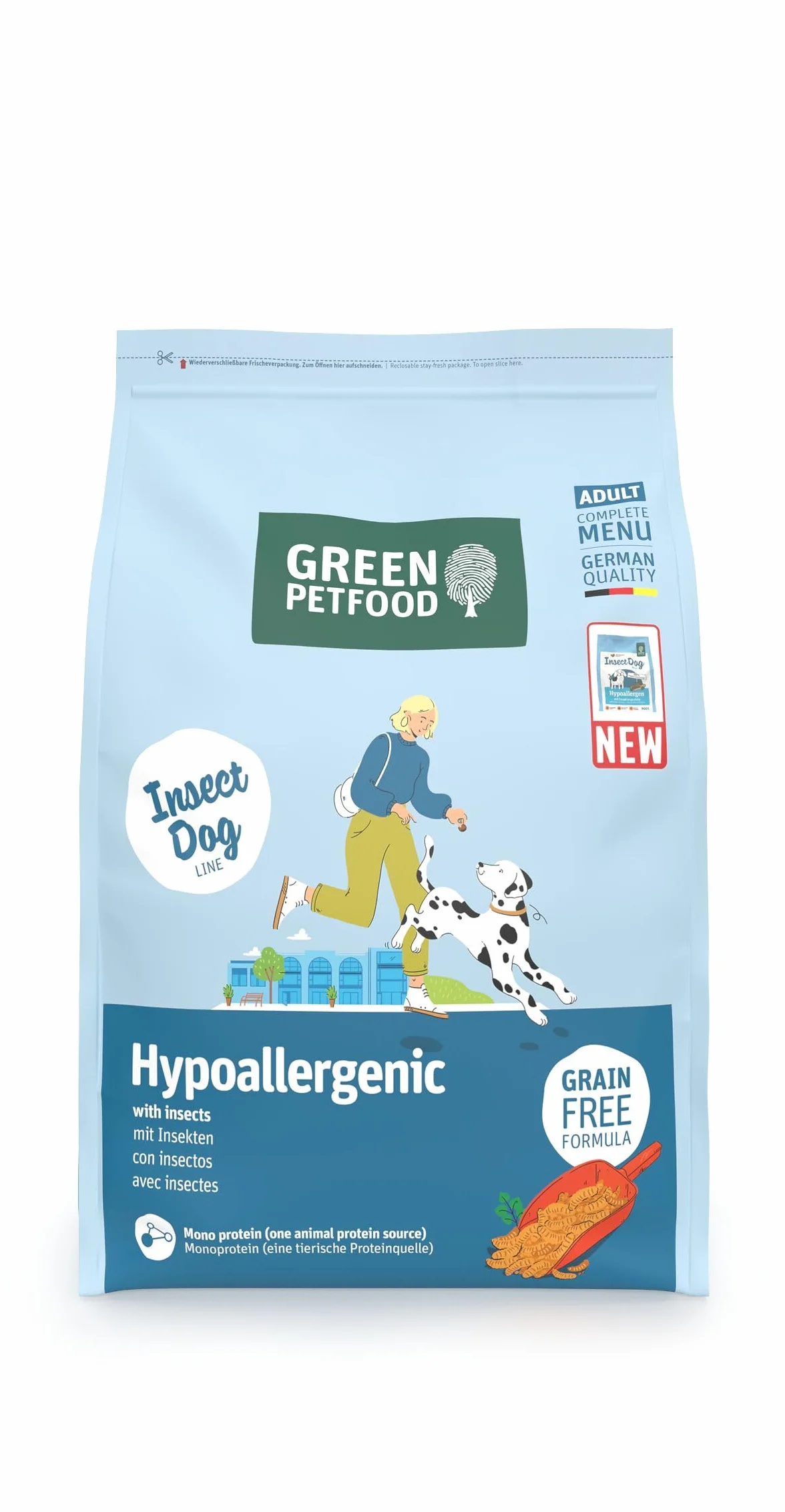 Green Petfood InsectDog hipoalergiczna karma z owadami (1 x 3 kg), dla dorosłych, sucha karma premium dla dorosłych psów alergicznych, bez zbóż, trwała karma dla psów, niemiecka jakość, 1 opakowanie