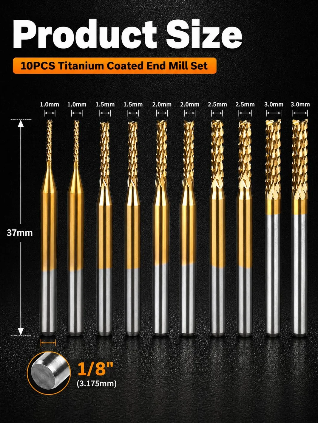 VOBOR 10 sztuk frezów CNC 1-3 mm, powlekane tytanem, 1,0 mm, 1,5 mm, 2,0 mm, 2,5 mm, 3,0 mm, 2 sztuki do typu, frezy do metalu do płytek drukowanych, metal, plastik