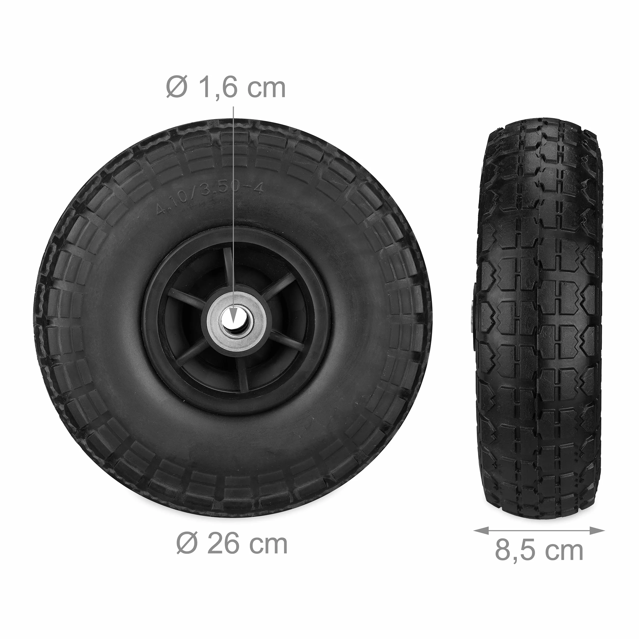 Relaxdays 2 x koło do wózka transportowego, odporne na przebicie, opony z pełnej gumy, 4,1/3,5-4", oś 16 mm, do 150 kg, 260 x 85 mm, czarne