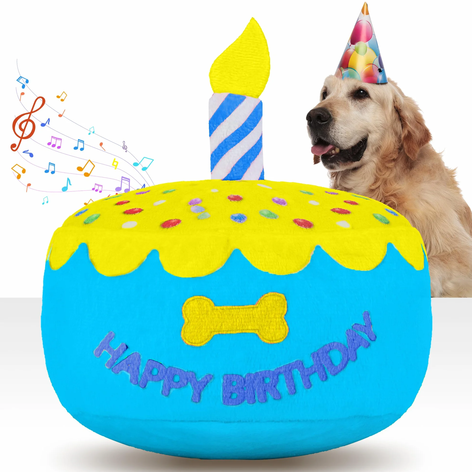 Zabawka dla psa, tort urodzinowy 15 cm, większy, pluszowy prezent dla psa, z elektroniczną pozytywką, gra 'Happy Birthday' piosenka i melodia szczeka, dekoracja imprezowa dla wszystkich