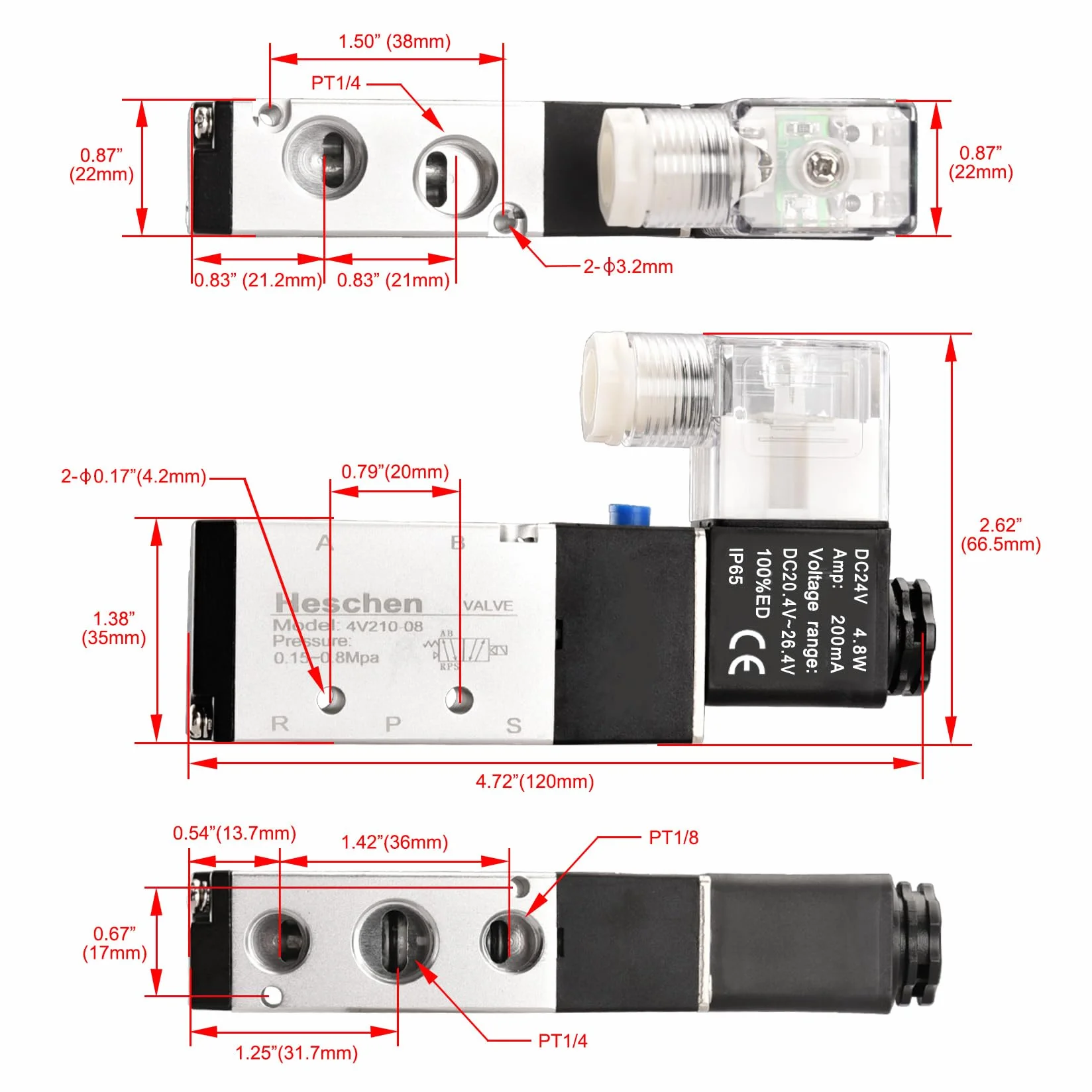 Heschen Elektryczny zawór elektromagnetyczny 4V210-08 24VDC PT1/4 5-drożny 2-pozycyjny