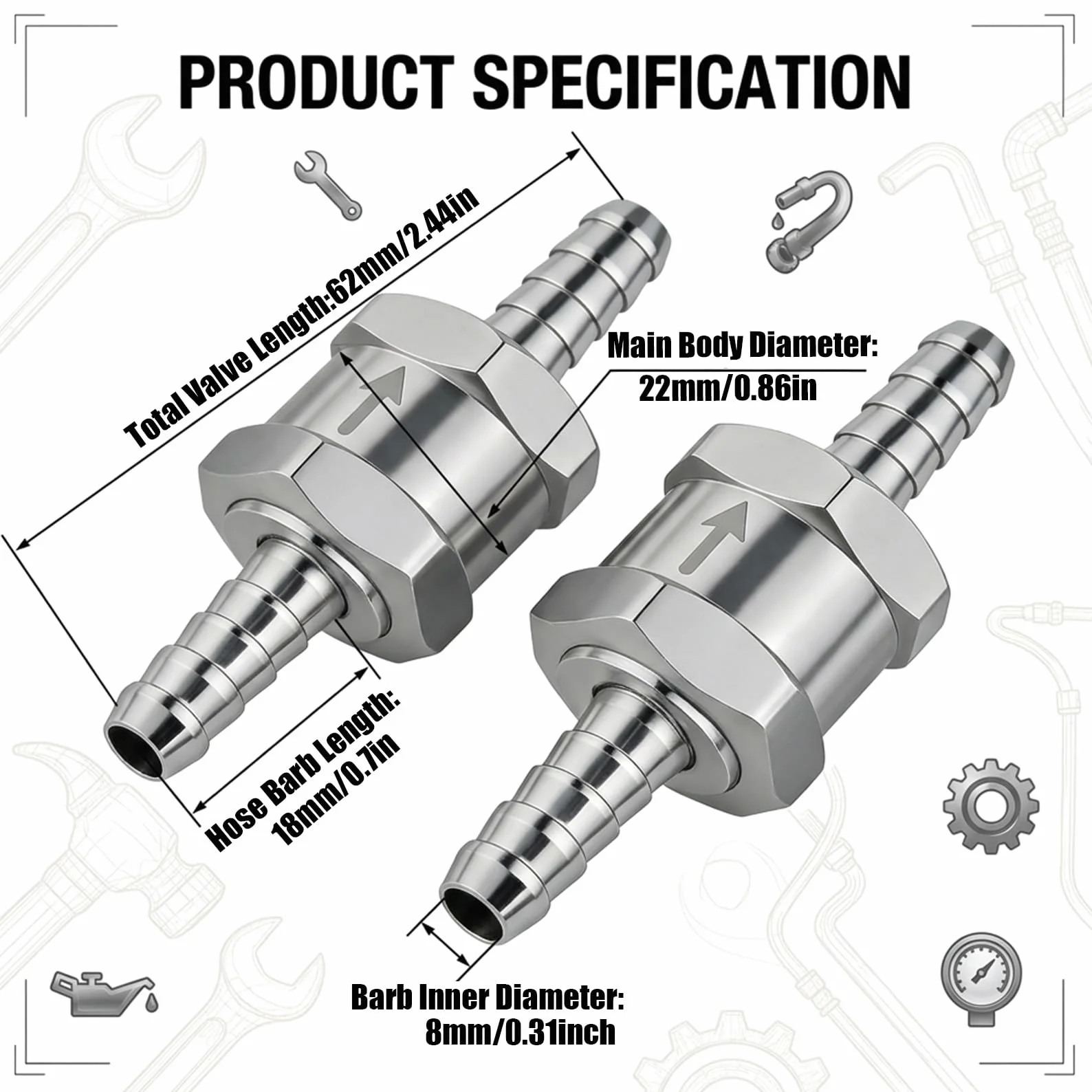 2 sztuki zaworu zwrotnego, 8 mm aluminium Zmotoryzowany zestaw uniwersalnego pionowego zaworu powrotnego paliwa, zawór zwrotny Zawór odcinający paliwa Zawór odcinający Zawór zamienny do węża powietrz