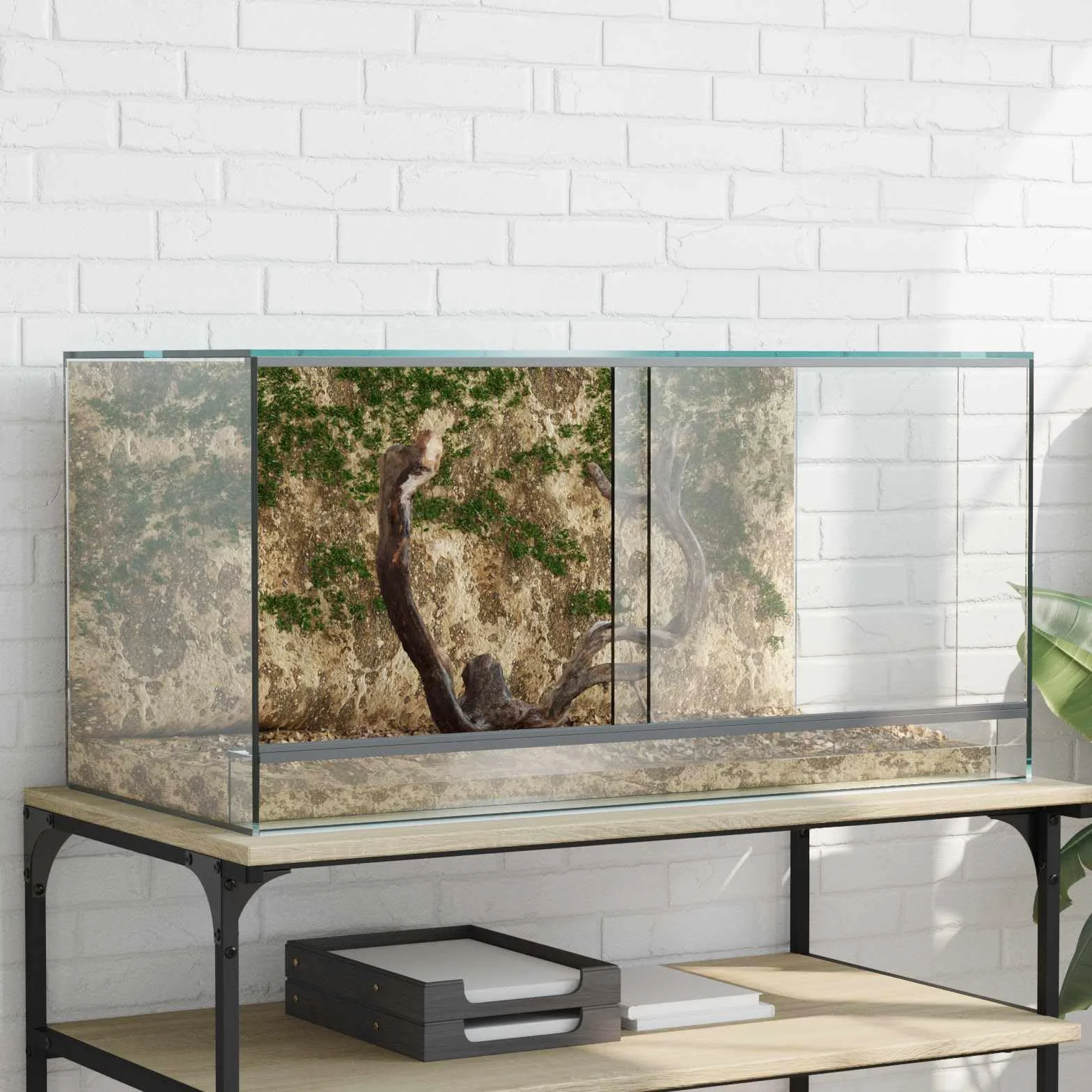 Terrarium ze szkła przezroczystego 80 x 40 x 40 cm, obudowa dla gadów i płazów z widokiem 360 stopni, Vivarium z drzwiami przesuwnymi i oddychającymi panelami z siatki
