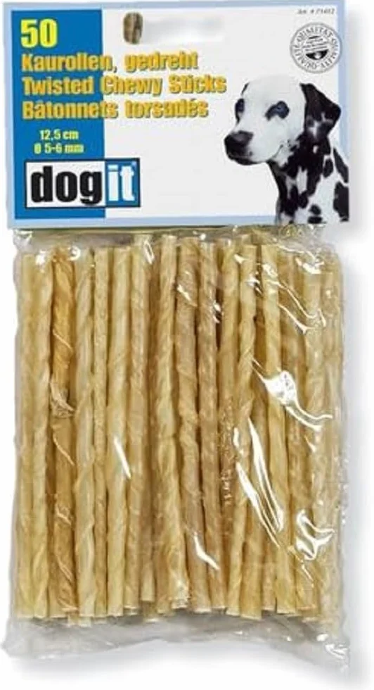 Dogit Przekąska dla psa, rolki do żucia dla psów, skręcone, ze skóry bydlęcej, 12,5 cm, opakowanie 50 sztuk