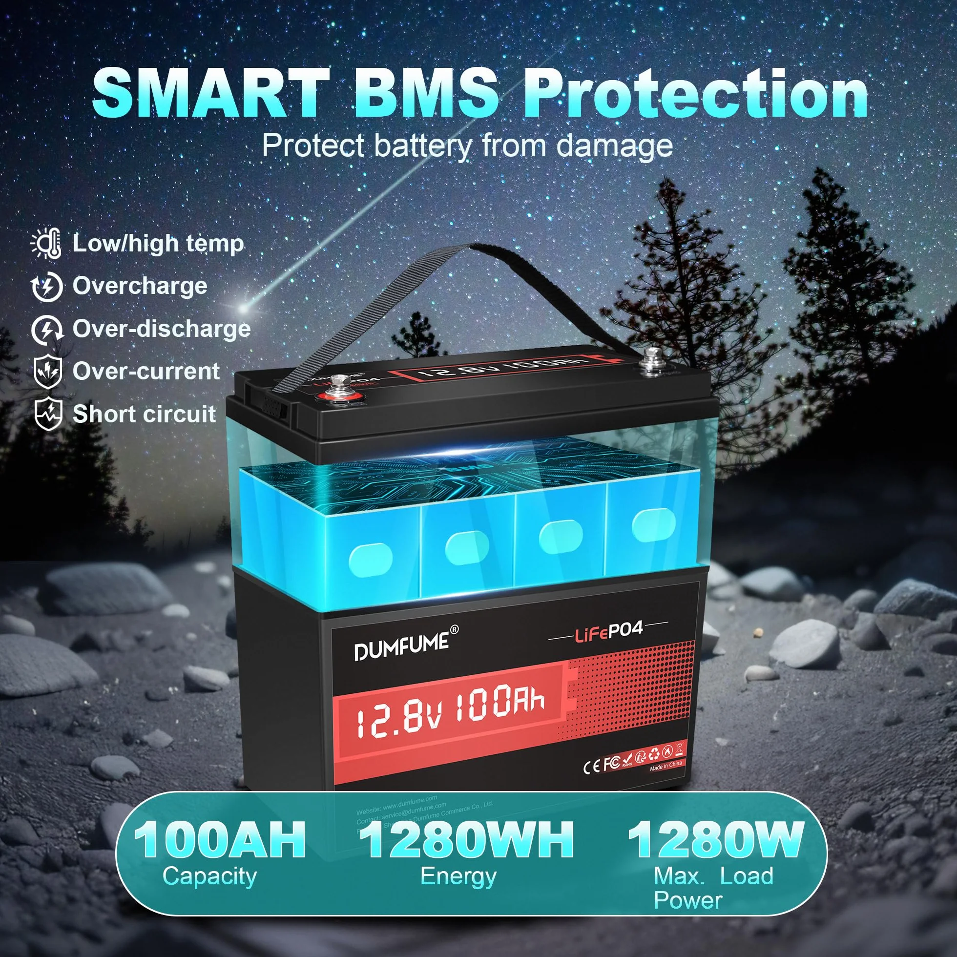 12V 100Ah Bateria Litowa LiFePO4 z BMS 100A, Do 15000 Cykli, 1.28kWh, Wysoka Gęstość Energii, Idealna do Kamperów, Przyczep Kempingowych, Kampingu i Zastosowań Off-Grid