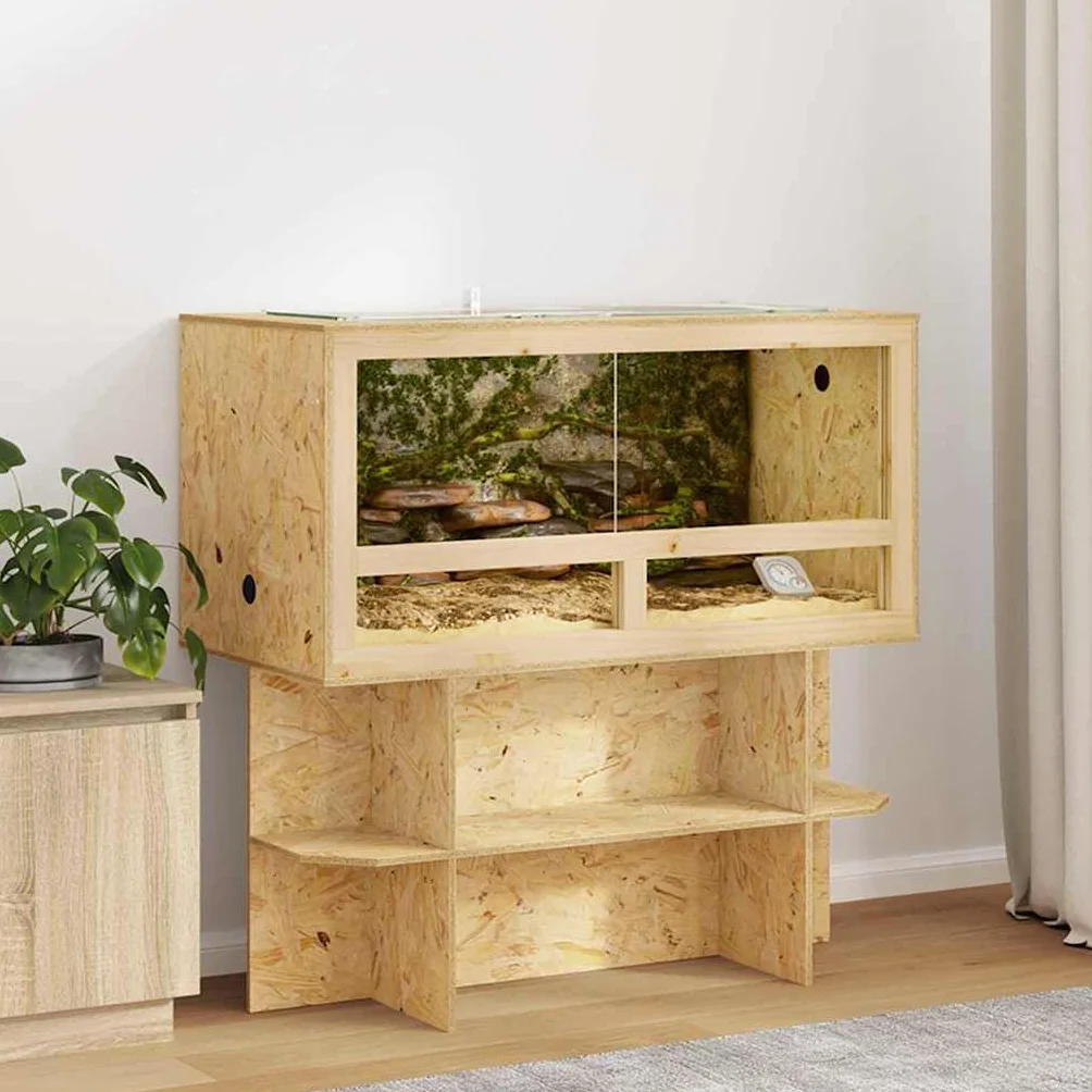 Terrarium OSB brązowe 100 x 50 x 50 cm z termometrem, domek dla gadów, wybieg dla płazów i węży, wiwarium z wentylacją, wszechstronne zastosowanie do terrarium pustynnego i deszczowego