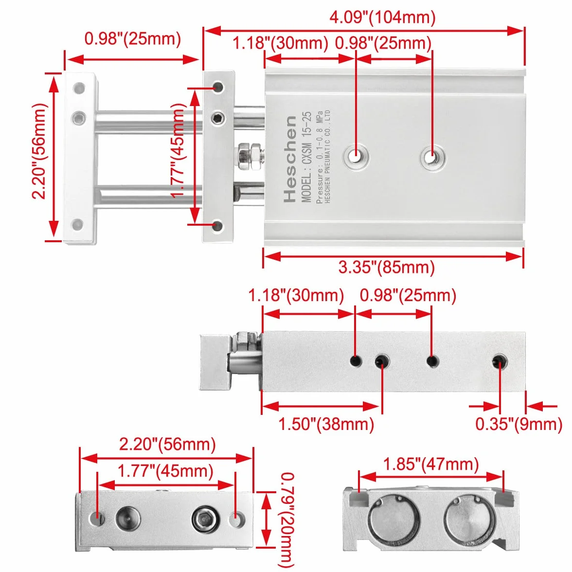 Heschen podwójny aluminiowy cylinder powietrzny CXSM 15-25 prowadnica pręt płytka podwójny pręt prowadnica pneumatyczne łożysko ślizgowe amortyzowane otwór 15 mm 25 mm skokowe podwójne działanie