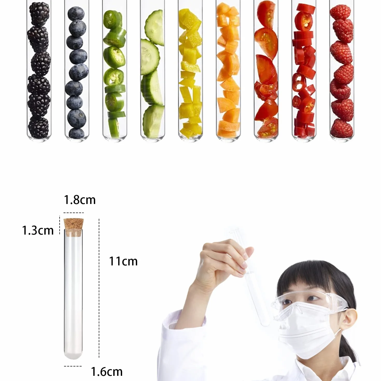 20 sztuk probówek ze szkła z korkiem, probówki szklane przezroczyste 16 x 100 mm, probówki do kwiatów, ślubów, bombonierei z solą morską, stół laboratoryjny, główna dekoracja