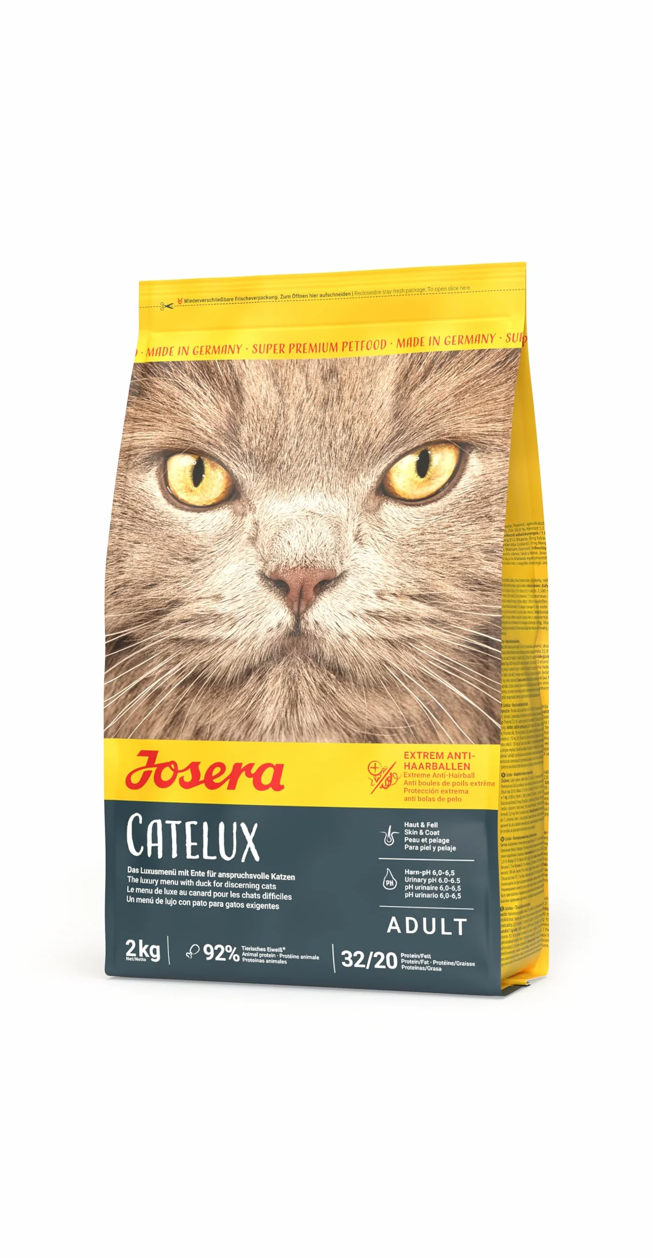 JOSERA Catelux (1 x 2 kg) | sucha karma premium dla dorosłych wymagających kotów | kaczka i ziemniaki | bez pszenicy | z dietetycznymi włóknami przeciwko kulkom włosów | karma dla kotów | 1 szt. w