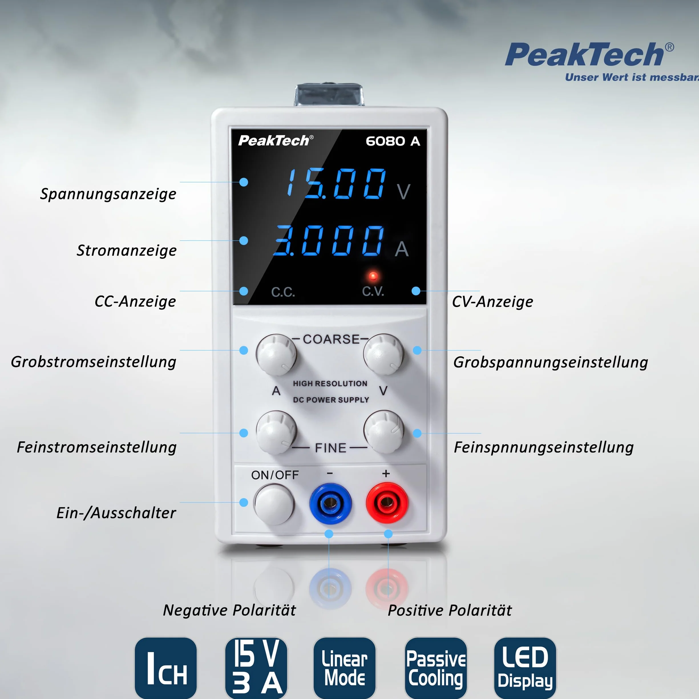 PeakTech P 6080 A - Liniowy zasilacz laboratoryjny DC, 0-15 V/ 0-3 A, z wyświetlaczem LED