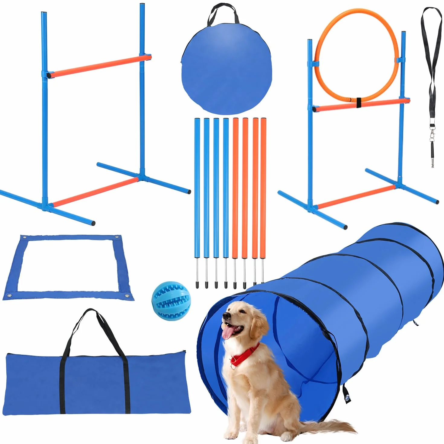 Agility 8-częściowy zestaw akcesoriów do treningu psa, z przeszkodą, pierścieniem do skakania, tunelem dla psa, 8 drążkami slalomowymi, niebieską piłką, fajką, torbą do przenoszenia małych