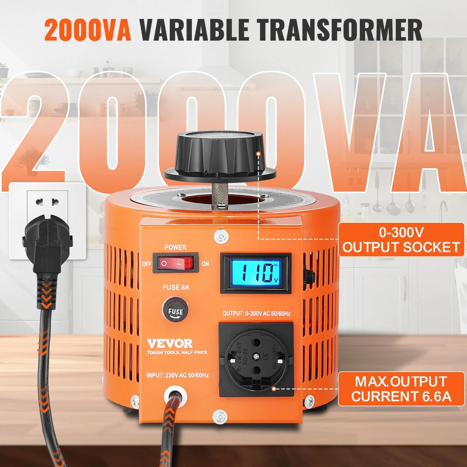 VEVOR Transformator nastawczy 2000 VA o zmiennym napięciu, 6,6 A, wejście 230 V, wyjście 0-300 V, regulator napięcia zmiennego, z wyświetlaczem LCD, 4 dodatkowe bezpieczniki, do domu, przemysłu, biura