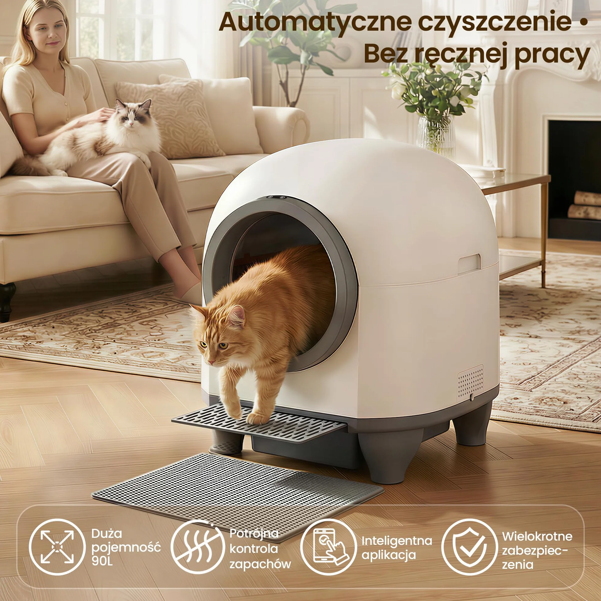 Devoko Samoczyszcząca Kuweta dla Kotów Duża Pojemność 90L | Automatyczna z Sterowaniem przez Aplikację i 9 Czujnikami | Automatyczna Samoczyszcząca Kuweta Zaprojektowana dla Dużych Kotów (max. 10kg)