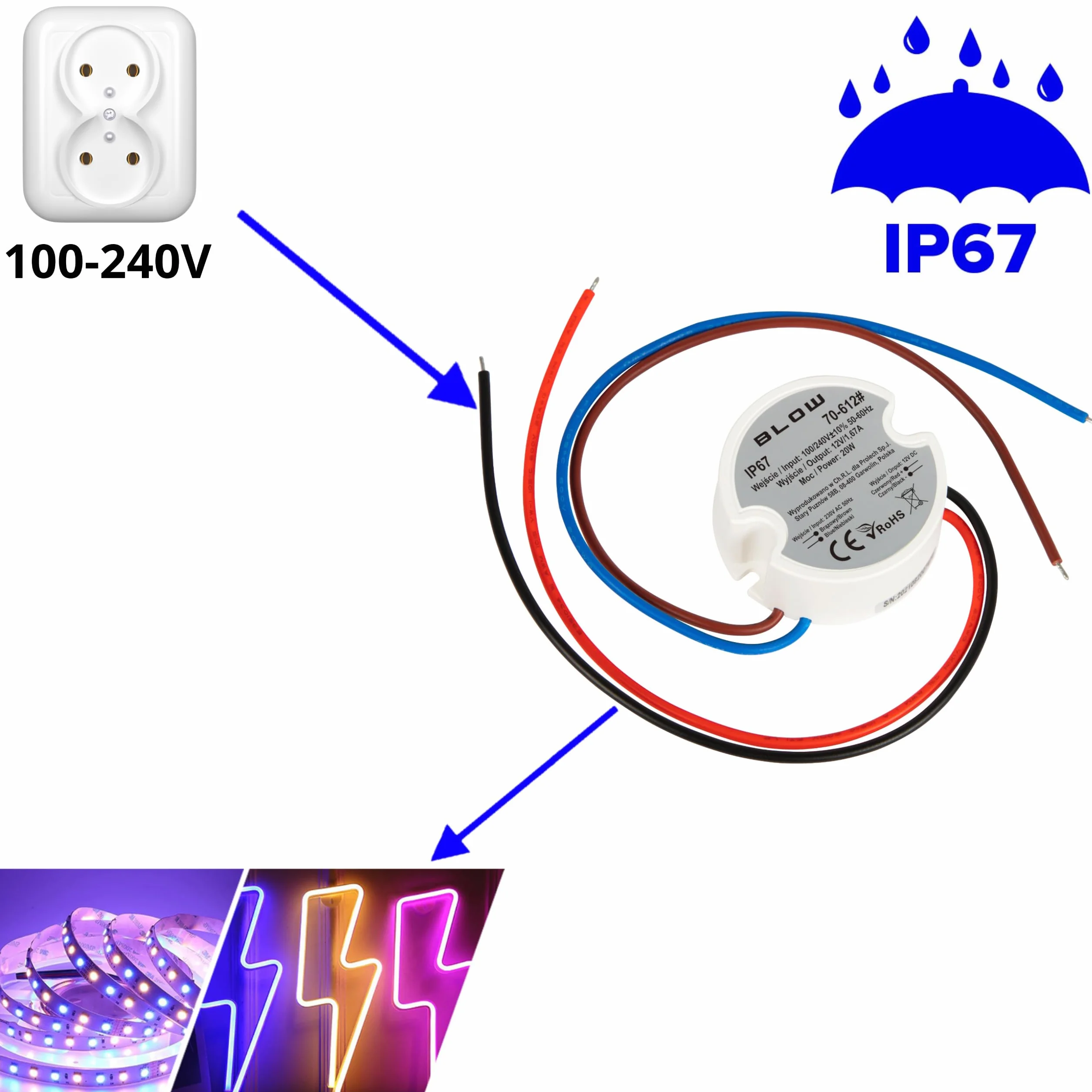 BLOW Zasilacz impulsowy dopuszkowy 12V/1,67A 20W plastik