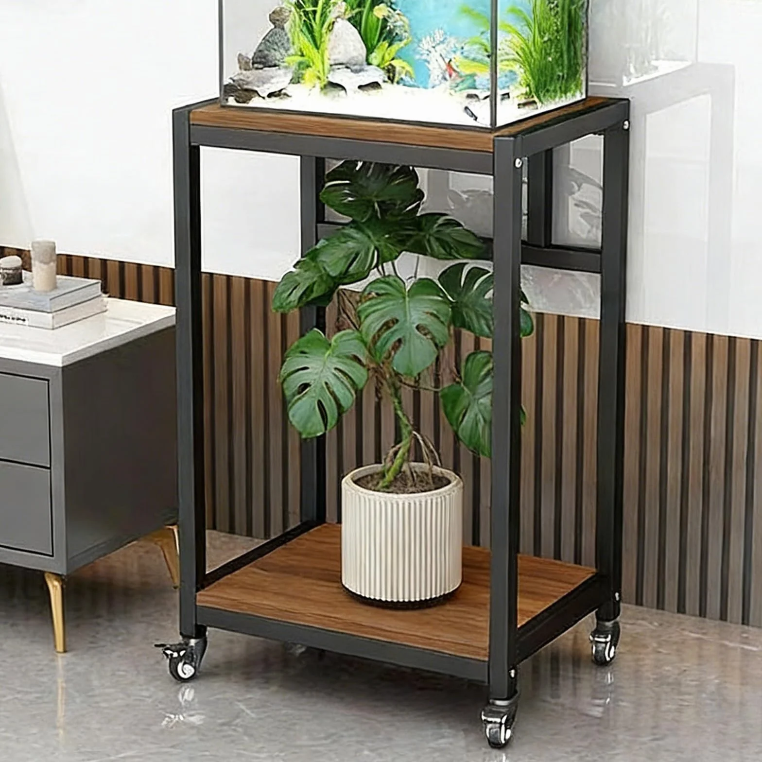 Ruchomy stojak na akwarium z kółkami, 2-poziomowy stojak do terrarium, solidna stalowa rama, łatwy montaż do salonu, gabinetu, biura