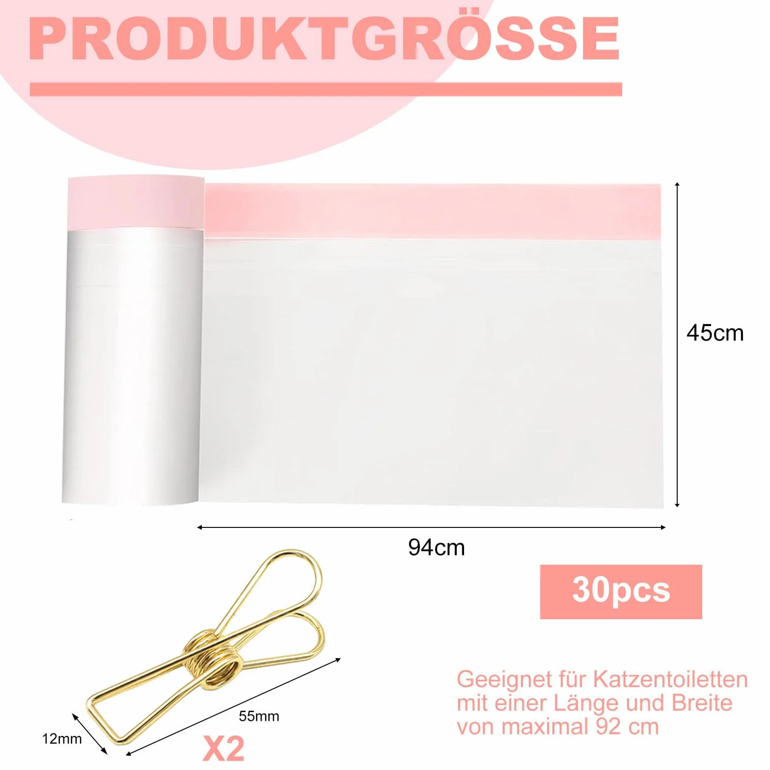 Worki na kuwetę dla kotów, 30 sztuk, woreczki z tasiemkami, 95 × 45 cm, z klipsami, kuweta dla kota, worki na śmieci, do wymiany żwirek dla kota