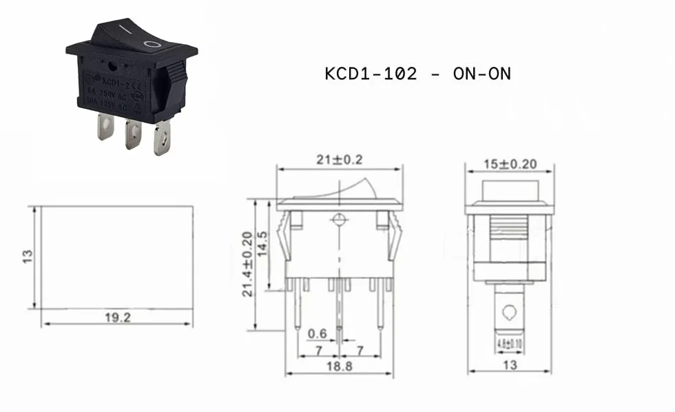 Mini przełącznik kołyskowy KCD1 19x13 mm 250V 6A 125V 10A AC 12V 20A DC czarny 2-biegunowy
