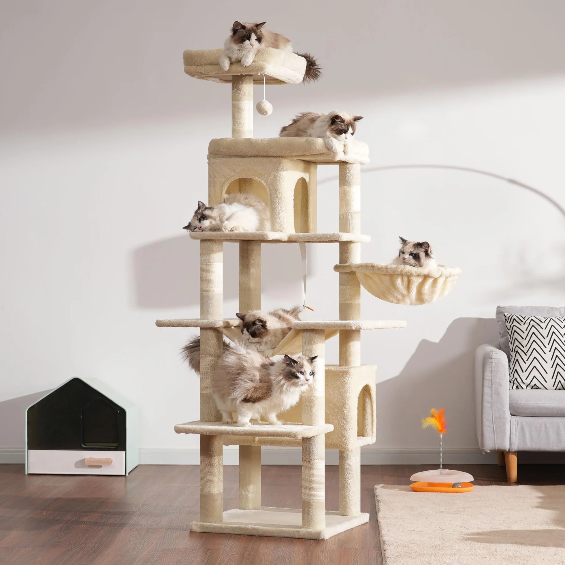 Heybly Cat Tree, 178 cm Wysokości, Drapak Dla Kotów Domowych, Drapak Dla Kota Z 8 Drapakami, 2 Jaskiniami, 2 Platformami, Hamakiem, Koszem, Pluszowym Baldachimem, Beżowy HCT036M