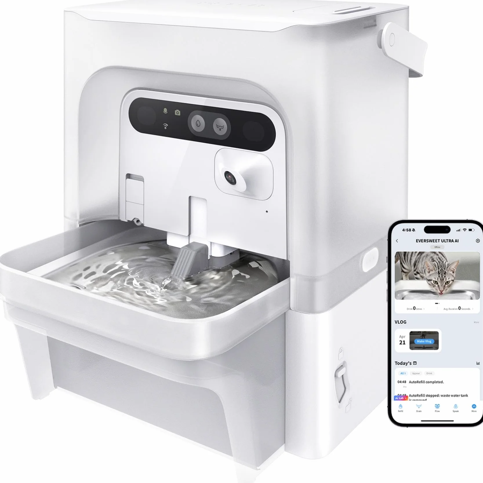 PETKIT EVERSWEET ULTRA Fontanna dla Kota bez Filtra, z Kamerą AI, Oddzielanie Czystej i Brudnej Wody, Automatyczne Poidło dla Kotów o Pojemności 5L, Sterowanie Przez App, Taca ze stali nierdzewnej