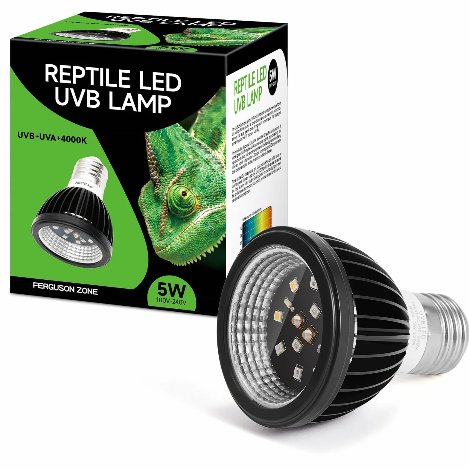 REPTITRIP Światło UVB dla gadów, żarówka UVB, 5 W, 10,0 UVB LED, żarówka z gadami, zapewnia wystarczające oświetlenie UVB dla zamieszkujących pustynne gady, bez lampy cieplnej