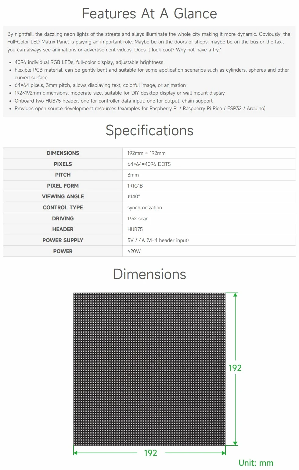 Waveshare Flexible RGB Full-Color LED Matrix Panel 3mm Pitch 64x64 Pixels Adjustable Brightness and Bendable PCB Compatible with Raspberry Pi/Raspberry Pi Pico / ESP32